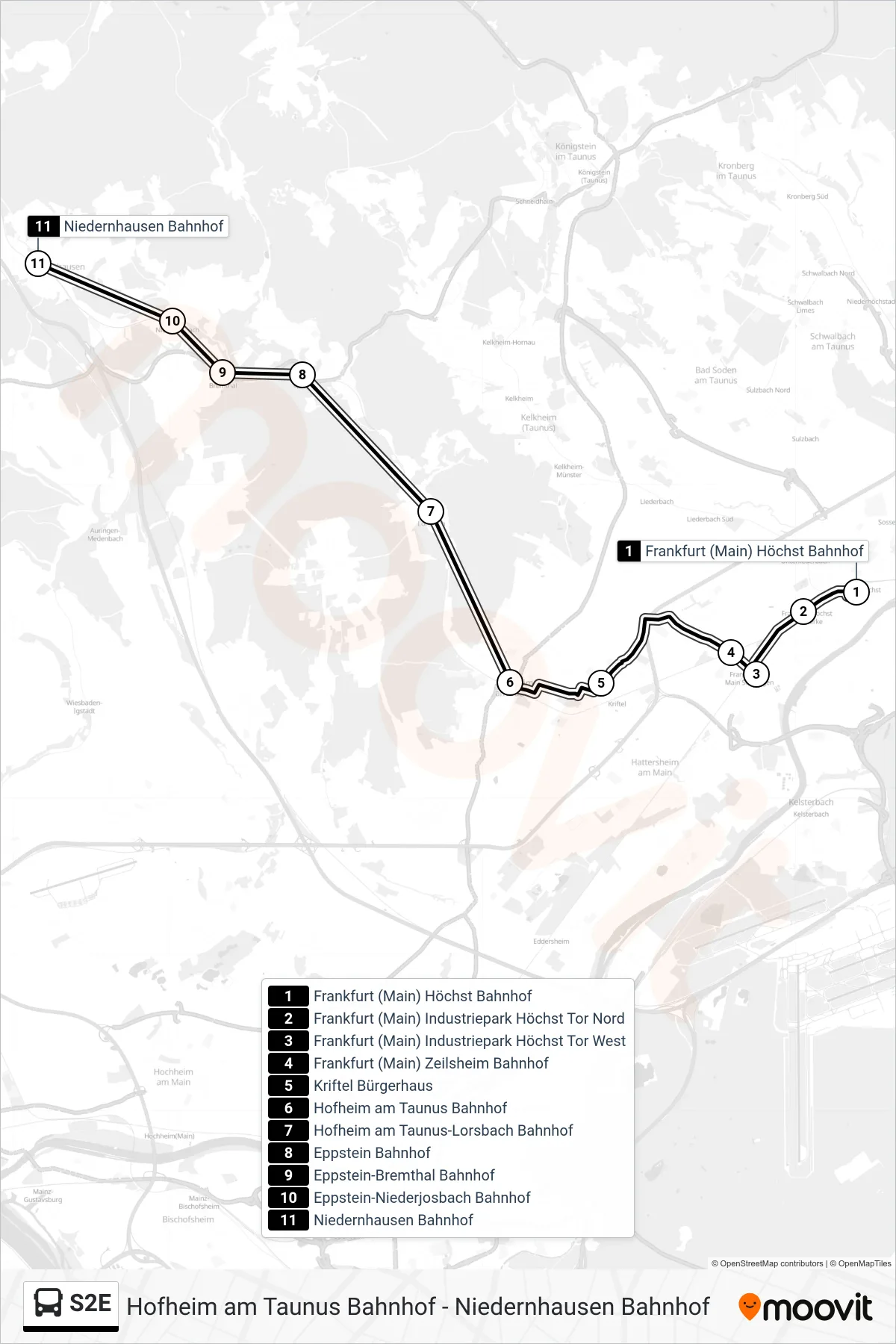 S2E bus Line (Bahnhof, Niedernhausen) route and stops on a map