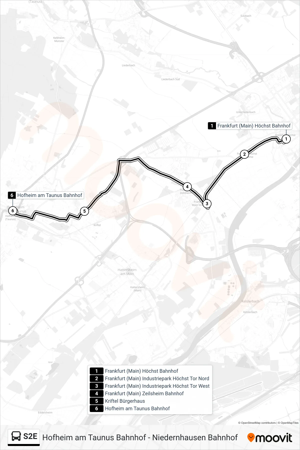 S2E bus Line (Bahnhof, Hofheim am Taunus) route and stops on a map