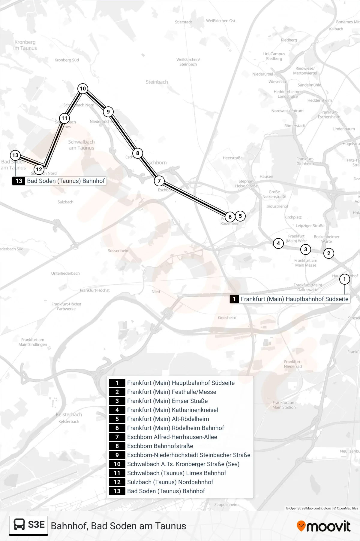 S3E bus Line (Bahnhof, Bad Soden am Taunus) route and stops on a map