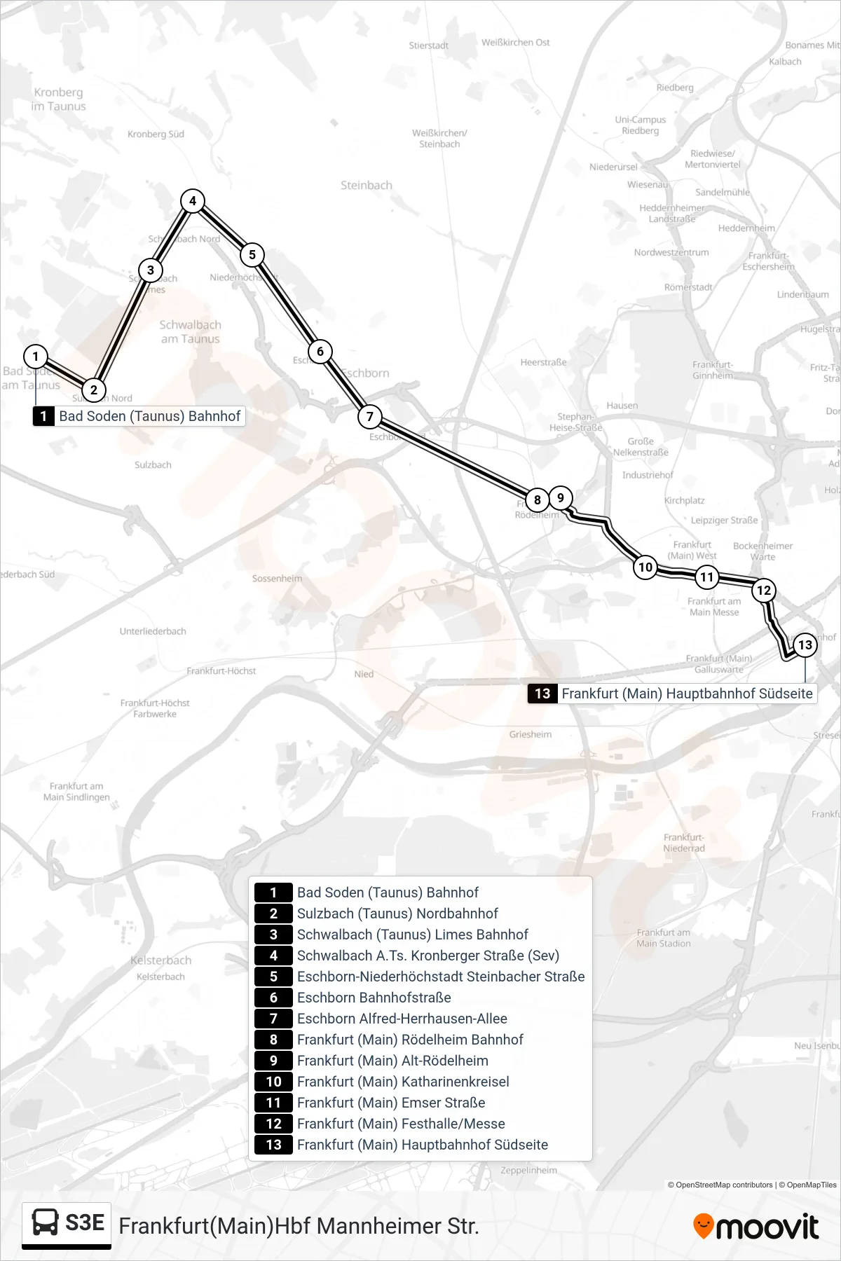 S3E bus Line (Frankfurt(Main)Hbf Mannheimer Str.) route and stops on a map