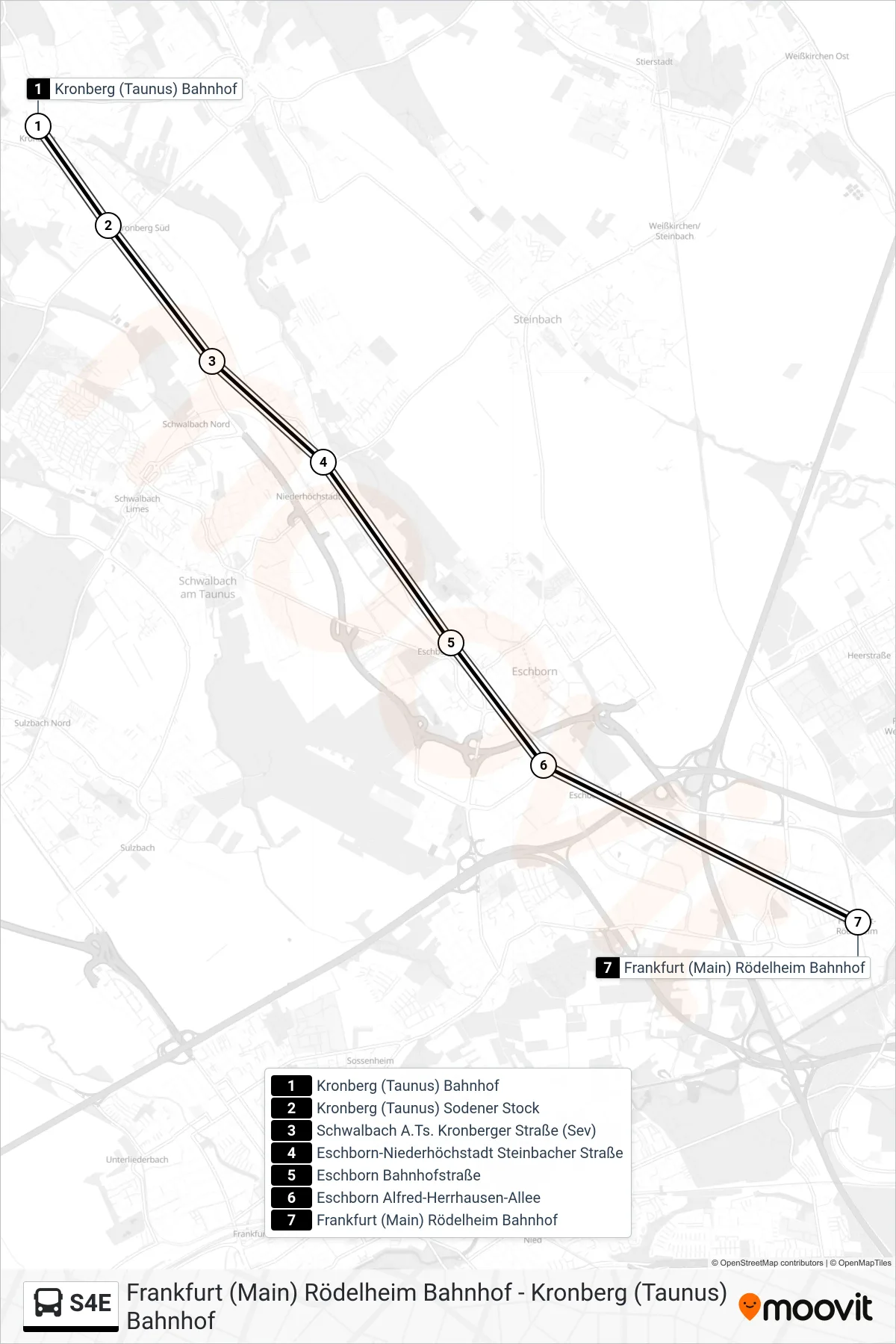 Linie S4E (Bus) Richtung Rödelheim Bahnhof, Frankfurt A.M.: Route und Haltestellen auf der Karte