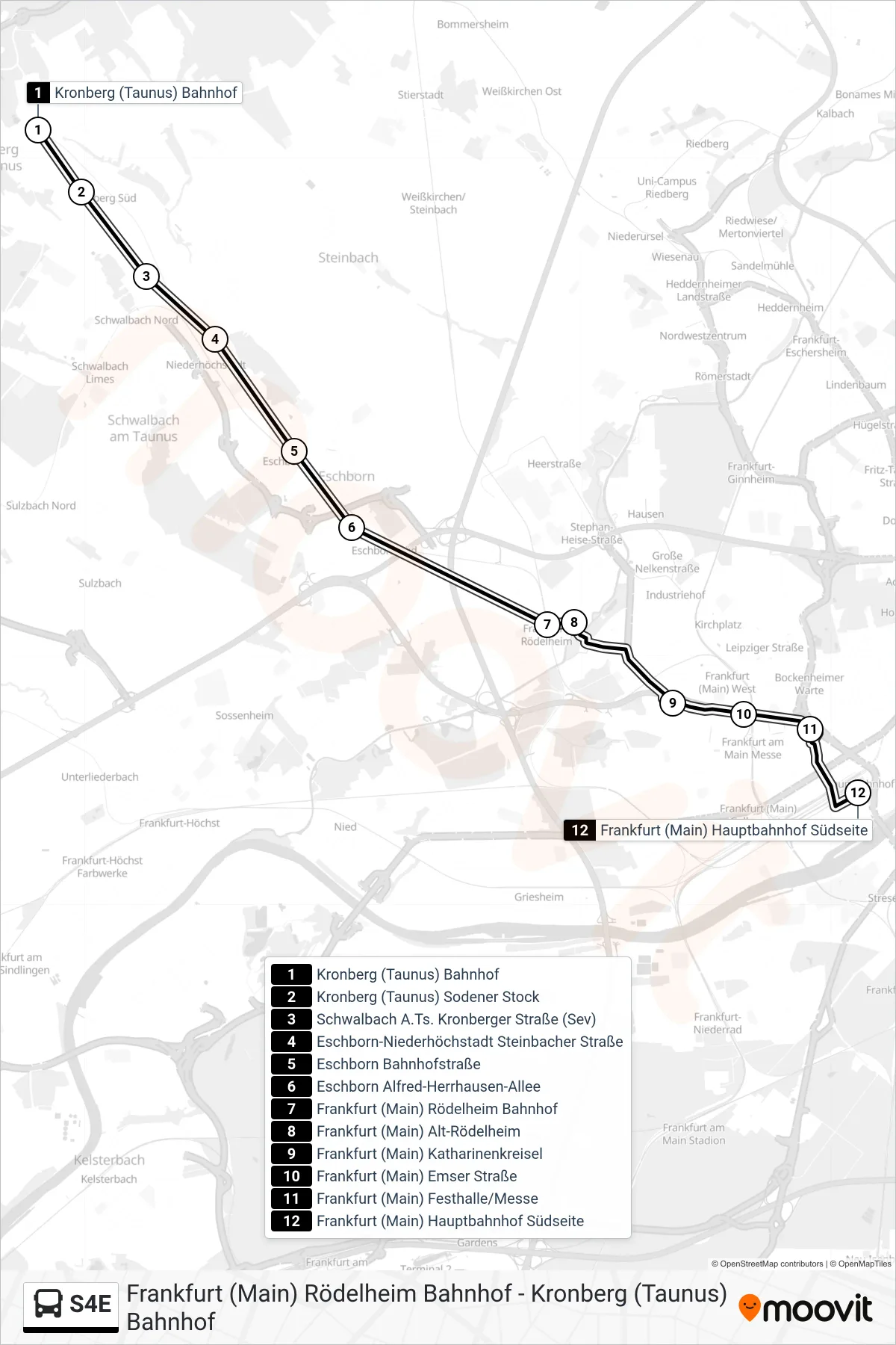 S4E bus Line (Frankfurt(Main)Hbf Mannheimer Str.) route and stops on a map