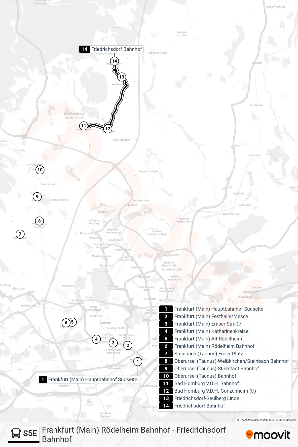 Linie S5E (Bus) Richtung Friedrichsdorf(Taunus), Friedrichsdorf: Route und Haltestellen auf der Karte