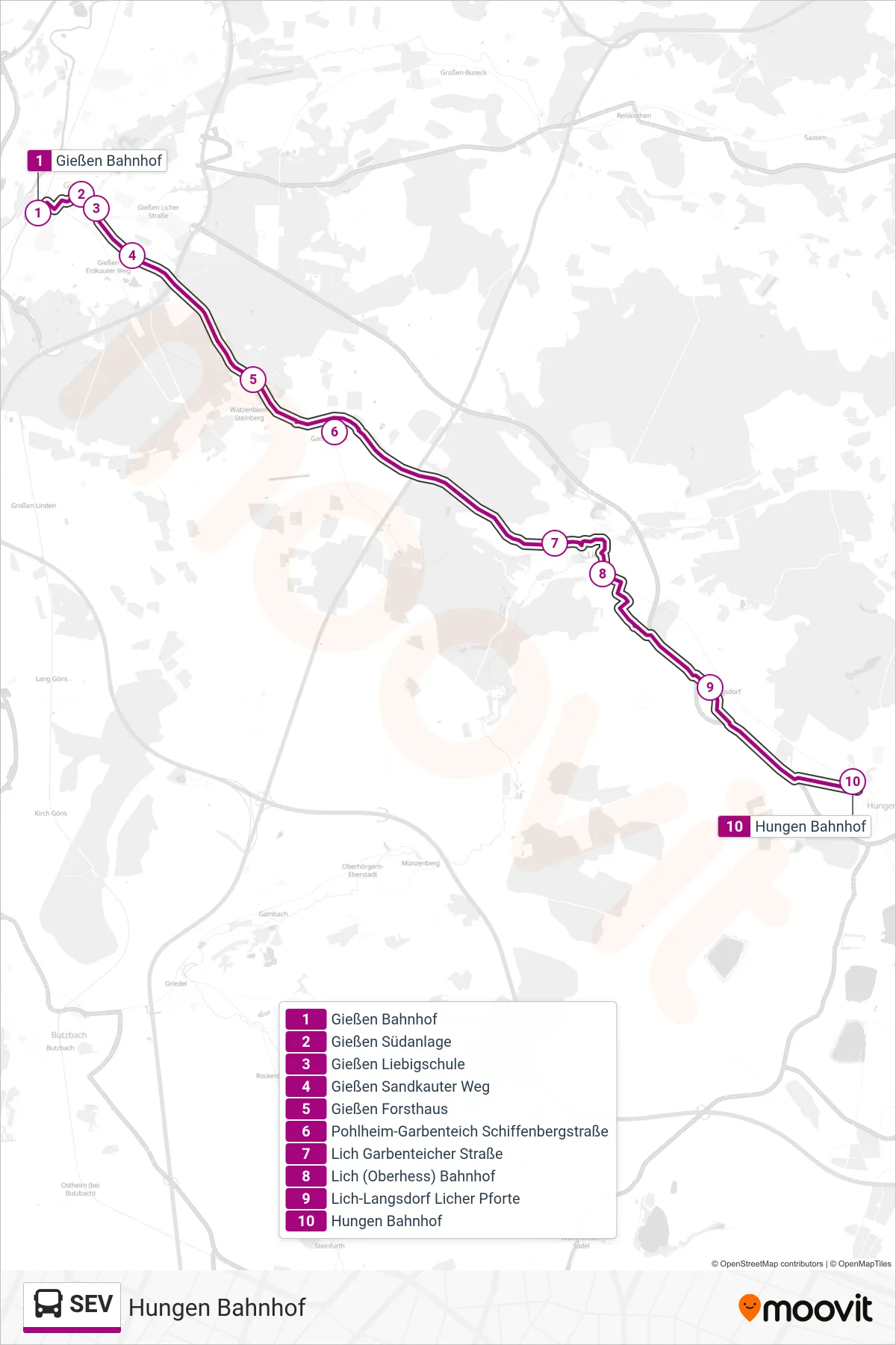 SEV bus Line (Hungen Bahnhof) route and stops on a map
