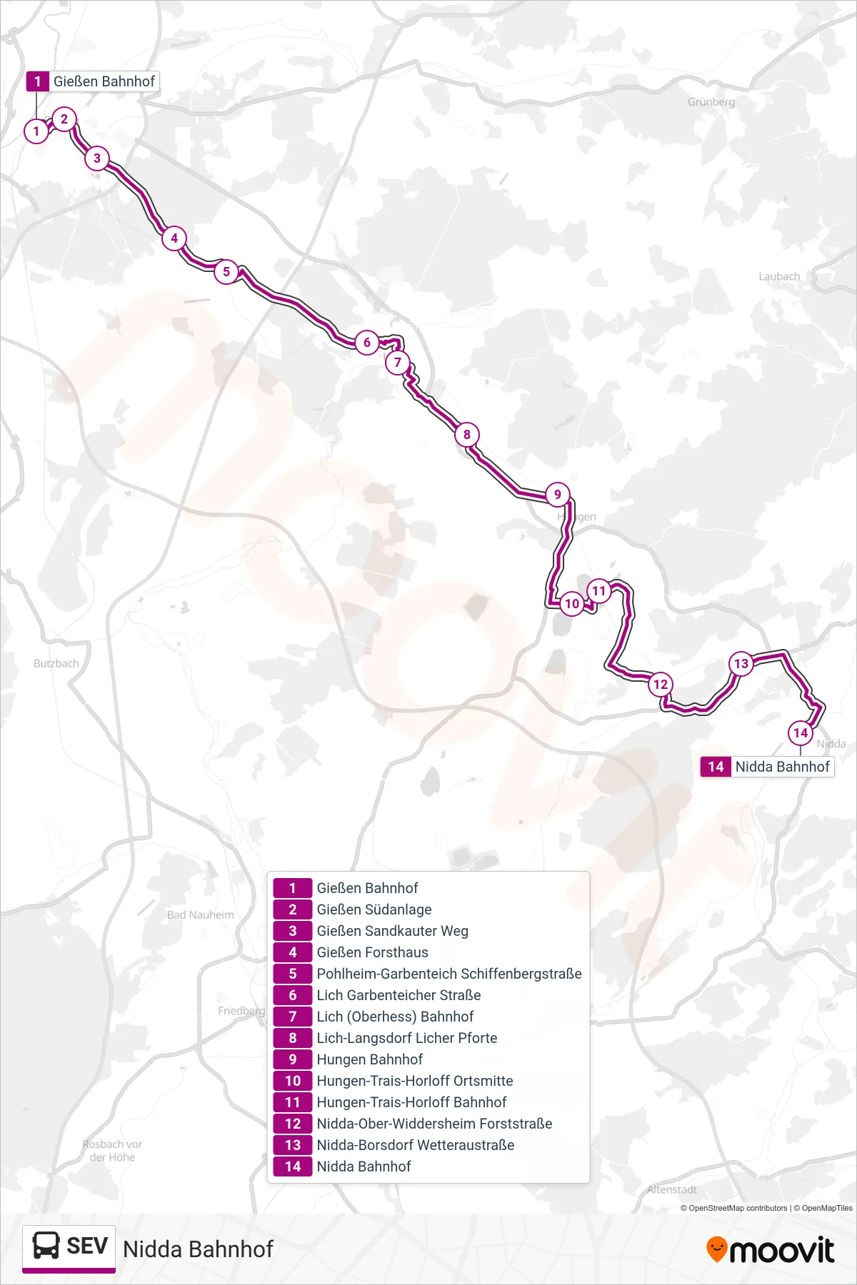 SEV bus Line (Nidda Bahnhof) route and stops on a map