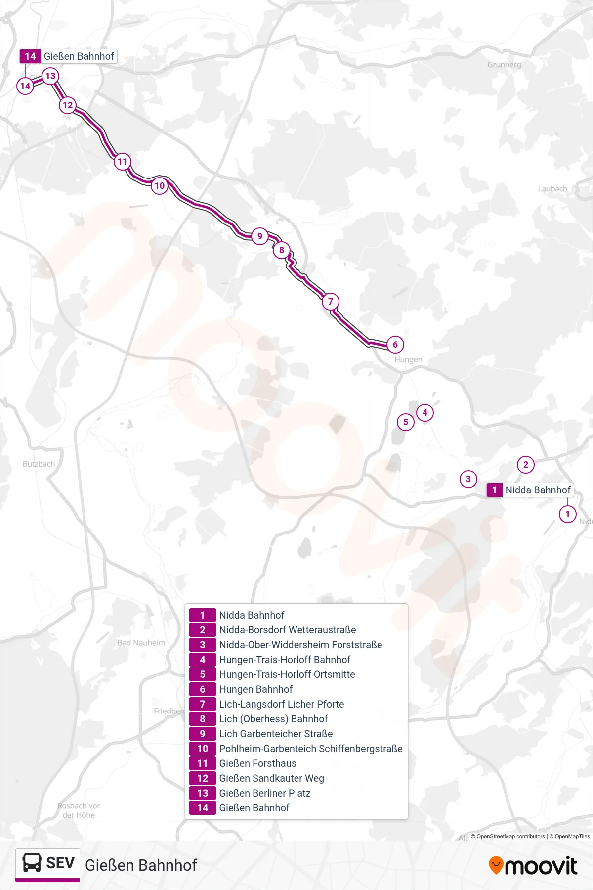 SEV bus Line (Gießen Bahnhof) route and stops on a map