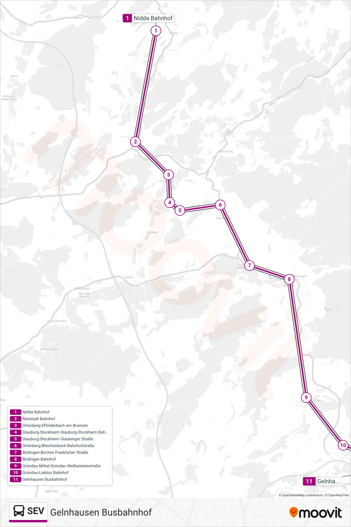 Linie SEV (Bus) Richtung Gelnhausen Busbahnhof: Route und Haltestellen auf der Karte