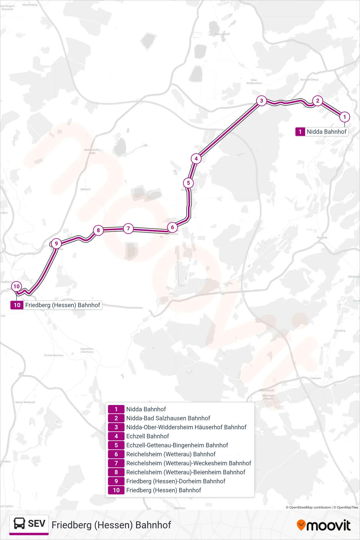 SEV bus Line (Friedberg (Hessen) Bahnhof) route and stops on a map
