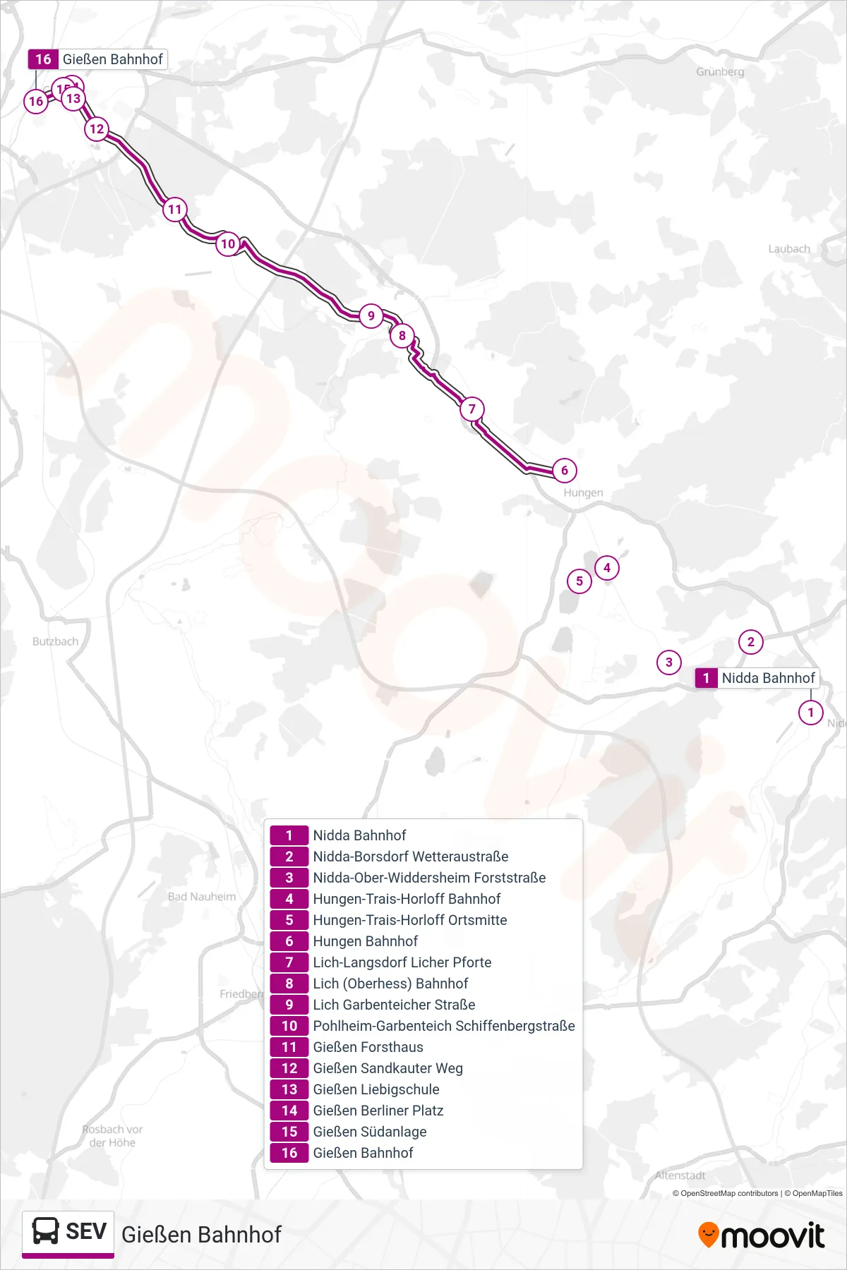 SEV bus Line (Gießen Bahnhof) route and stops on a map
