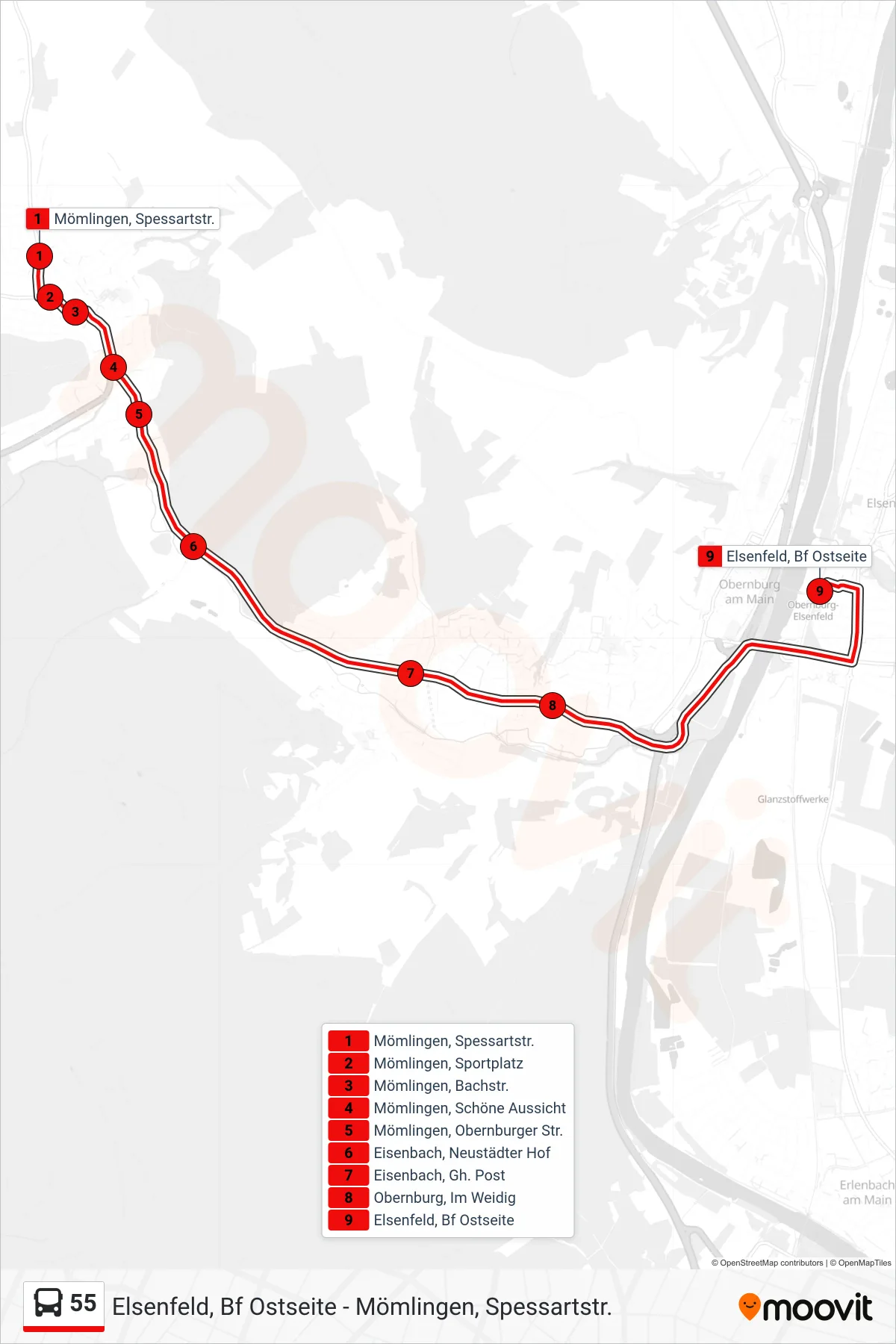 Linie 55 (Bus) Richtung Elsenfeld, Bf Ostseite: Route und Haltestellen auf der Karte