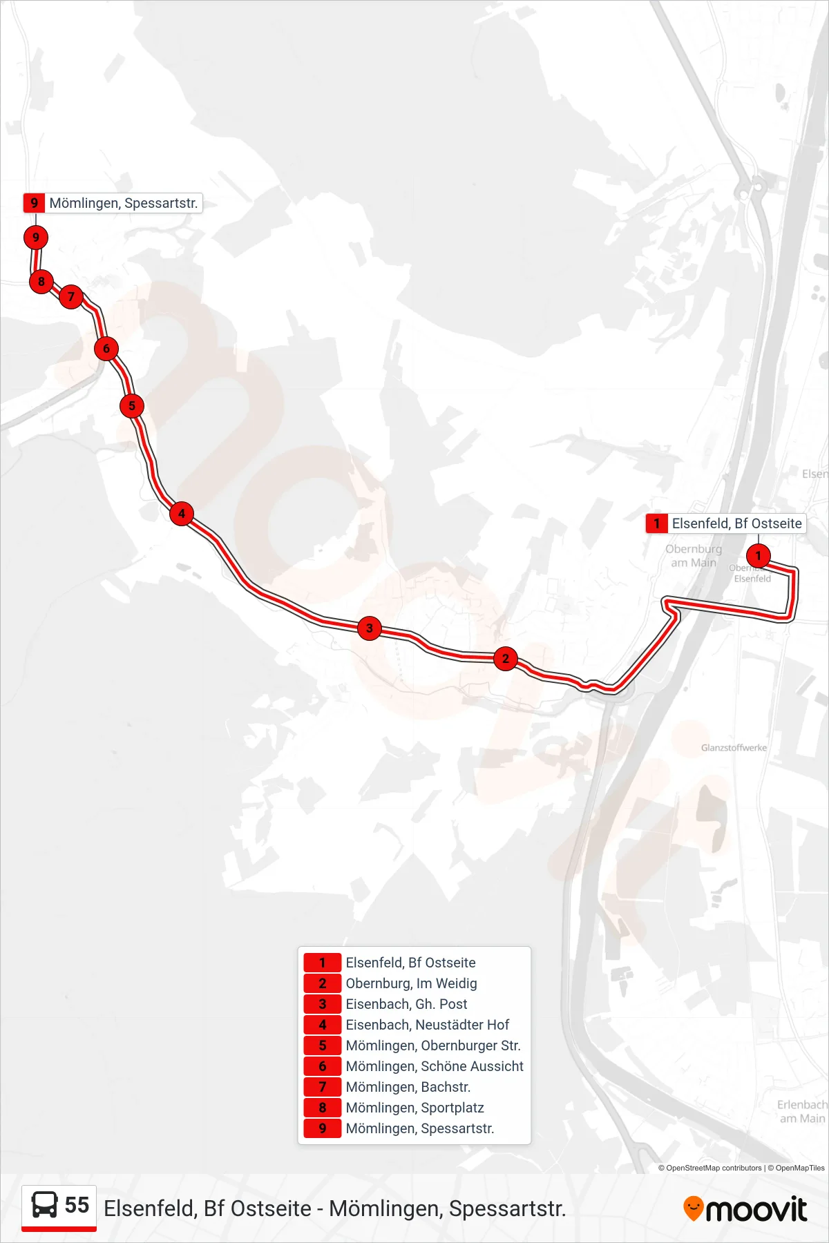 55 bus Line (Mömlingen, Spessartstr.) route and stops on a map