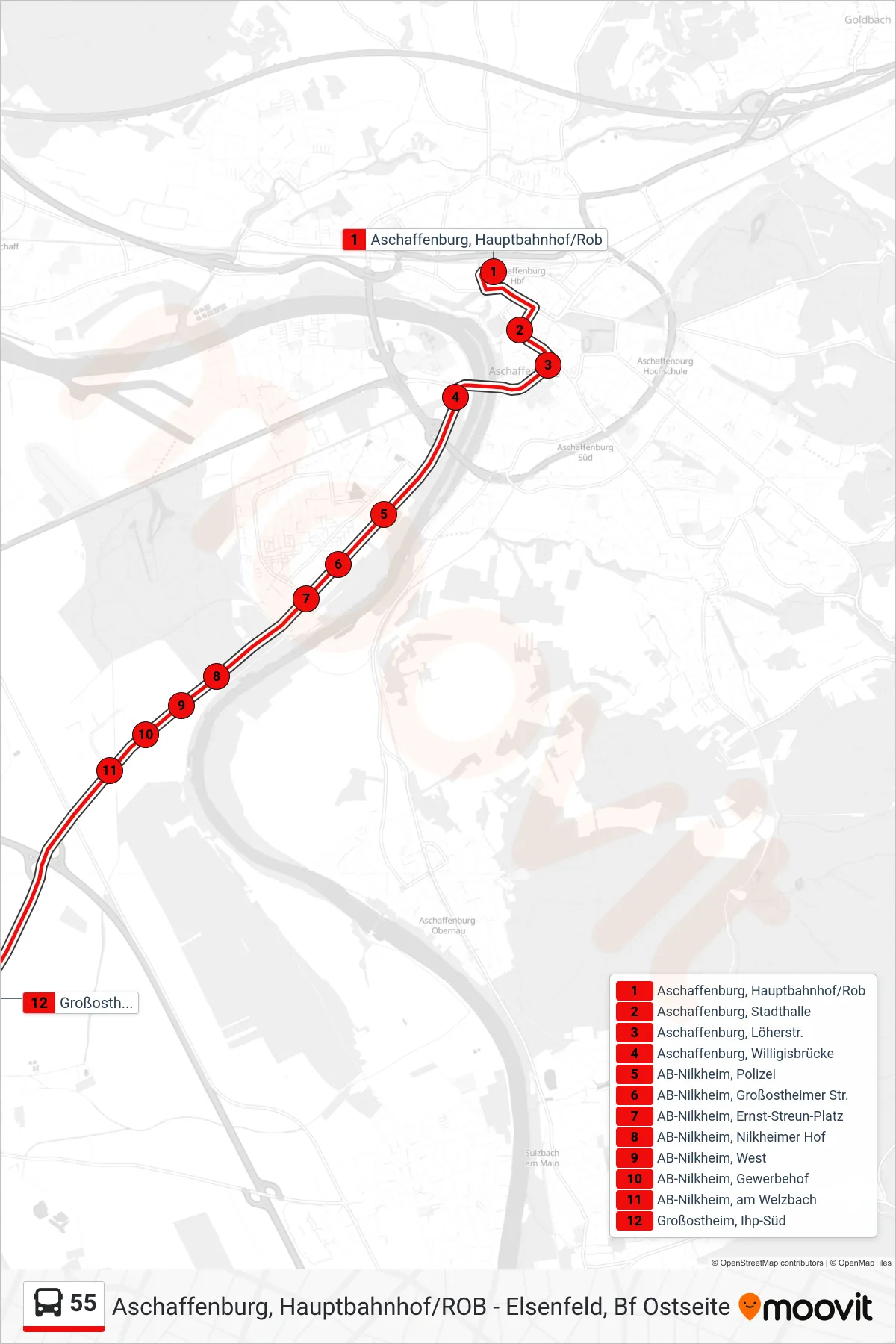 55 bus Line (Großostheim; Industriegebiet) route and stops on a map