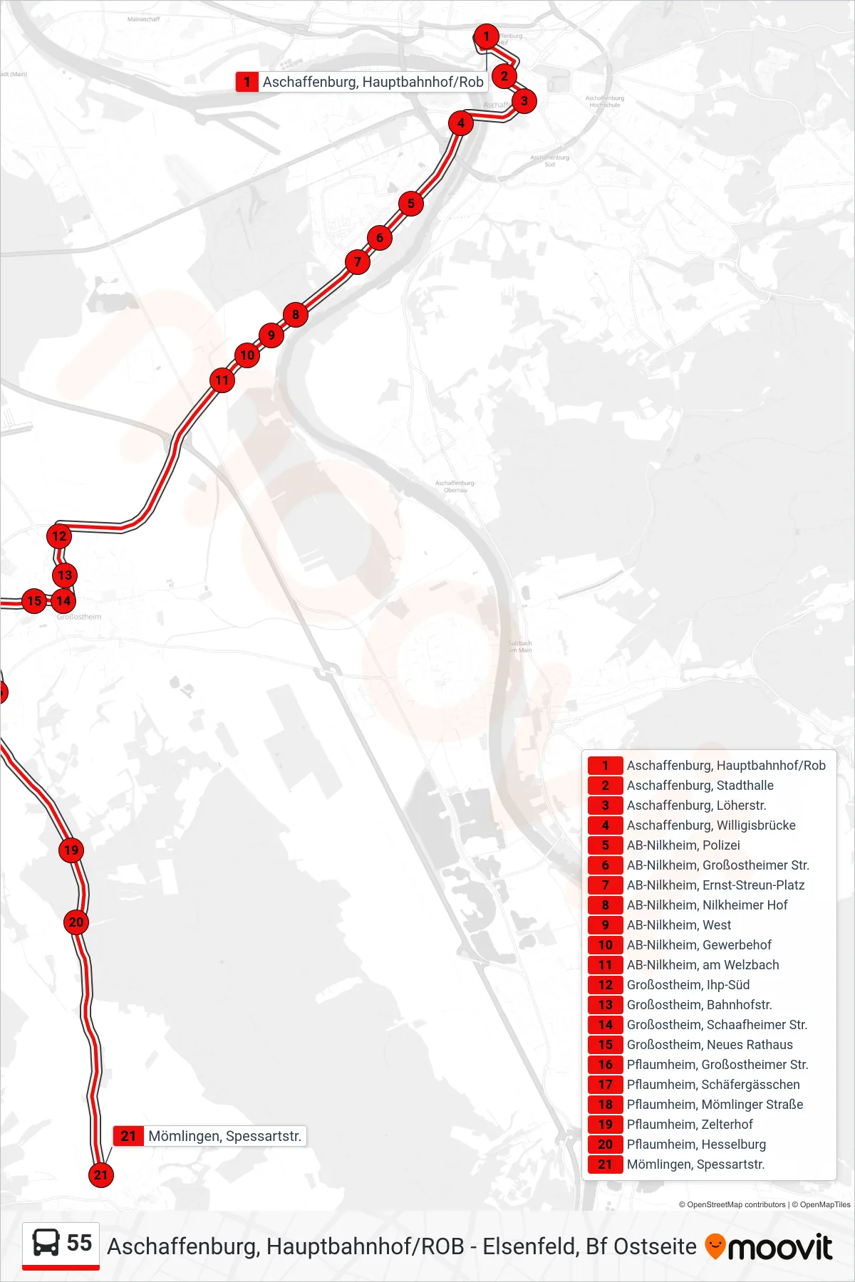 55 bus Line (Mömlingen; Spessartstr.) route and stops on a map