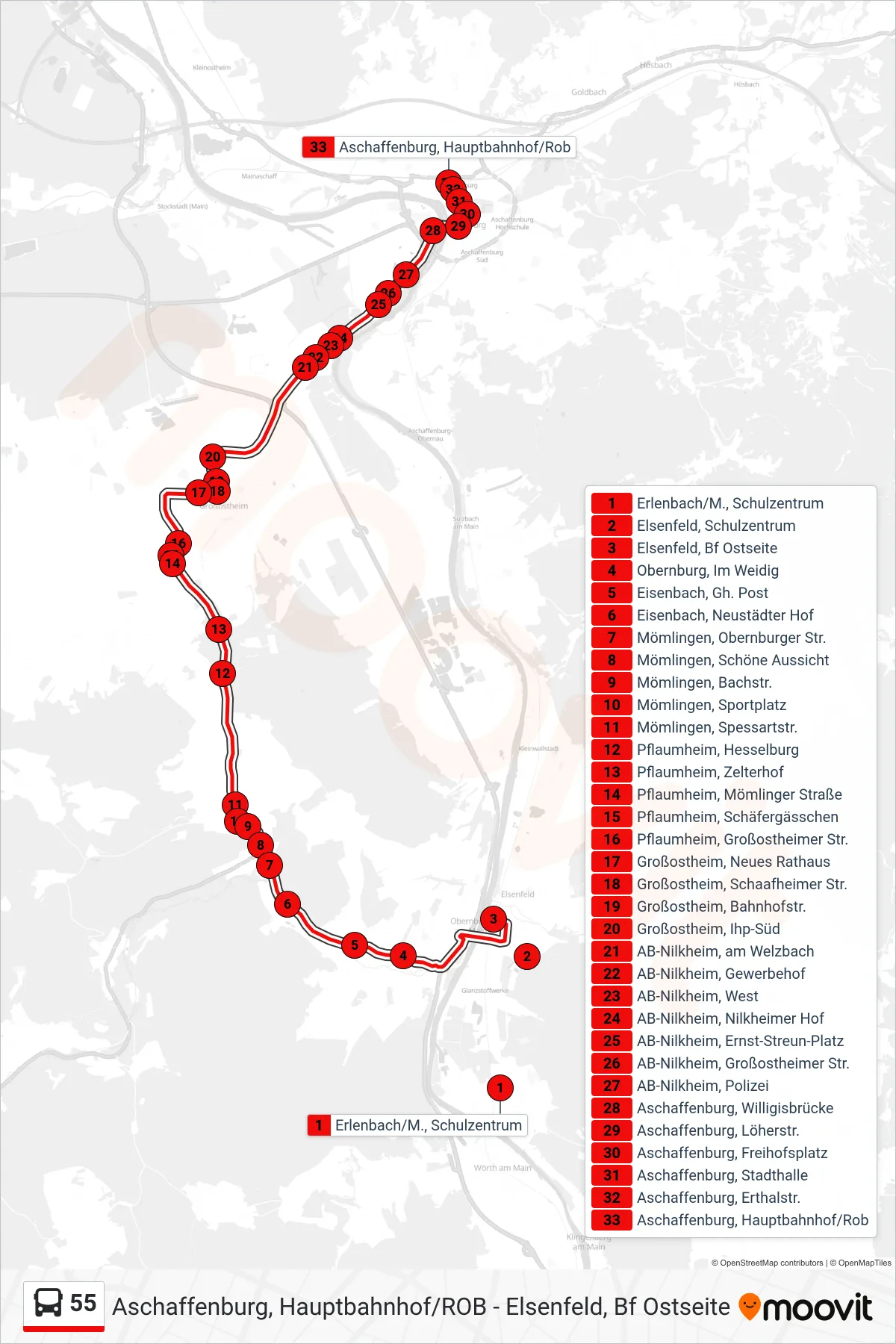 55 bus Line (Aschaffenburg, Hauptbahnhof/Rob) route and stops on a map