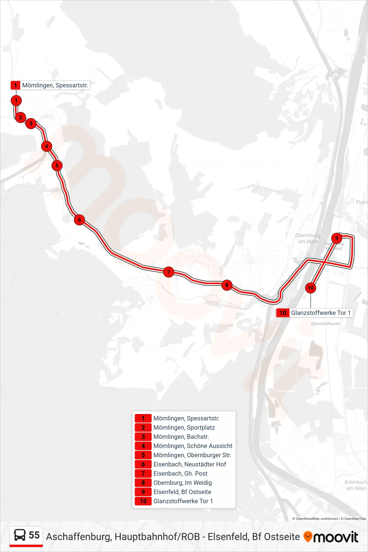 Linie 55 (Bus) Richtung Glanzstoffwerke Tor 1: Route und Haltestellen auf der Karte