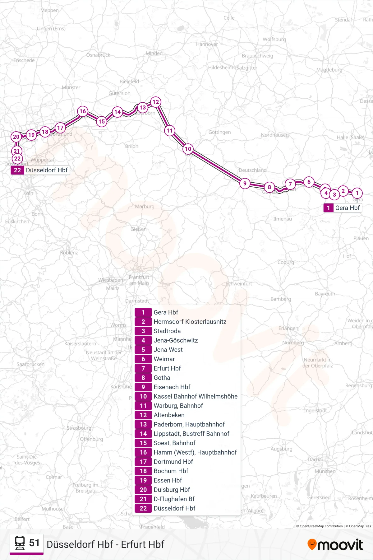 51 train Line (Düsseldorf Hbf) route and stops on a map