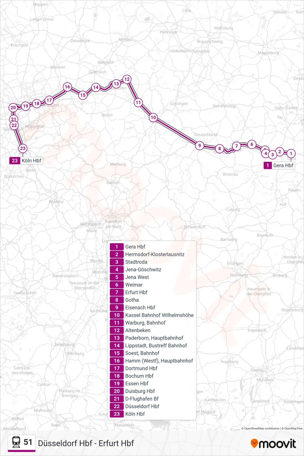 51 rail Line (Köln Hbf) route and stops on a map