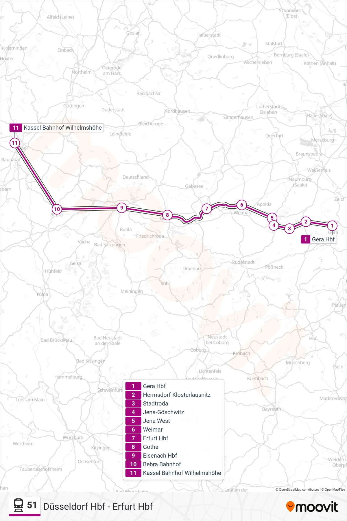 51 train Line (Kassel Bahnhof Wilhelmshöhe) route and stops on a map