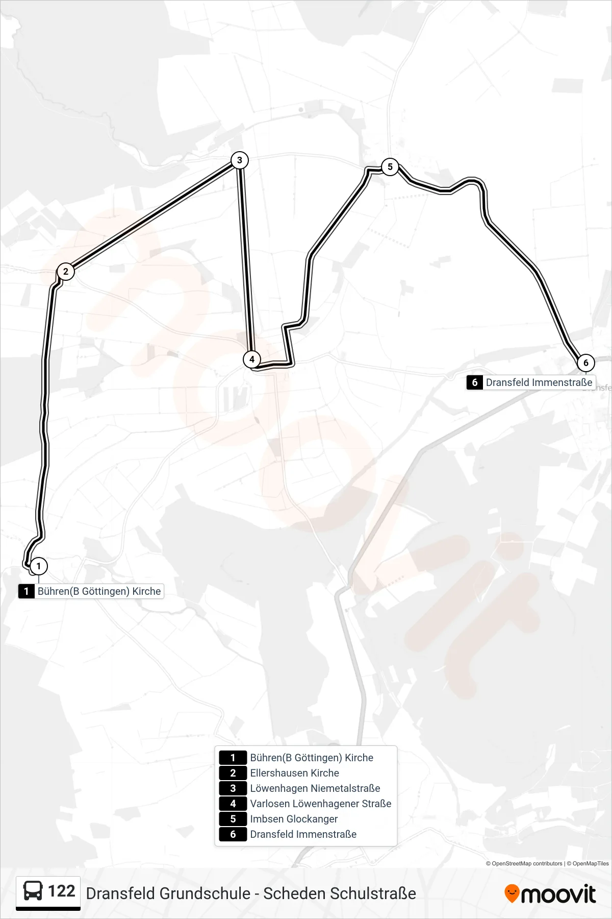 122 bus Line (Dransfeld Immenstraße) route and stops on a map