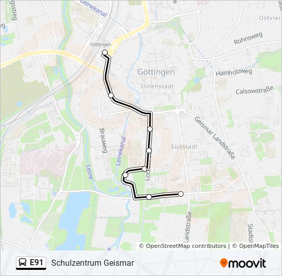 Автобус E91: карта маршрута
