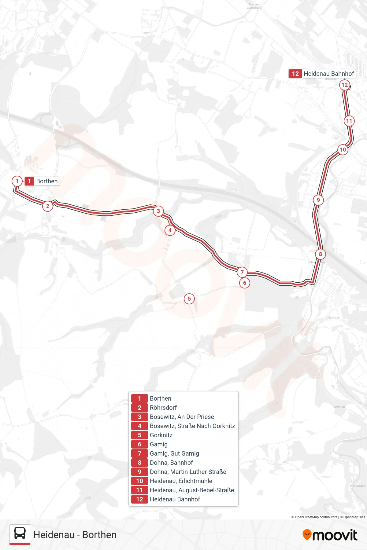 B bus Line (Heidenau Bahnhof) route and stops on a map