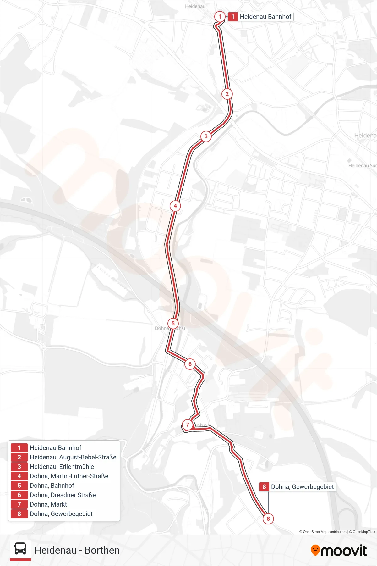 Linie B (Bus) Richtung Dohna, Gewerbegebiet: Route und Haltestellen auf der Karte