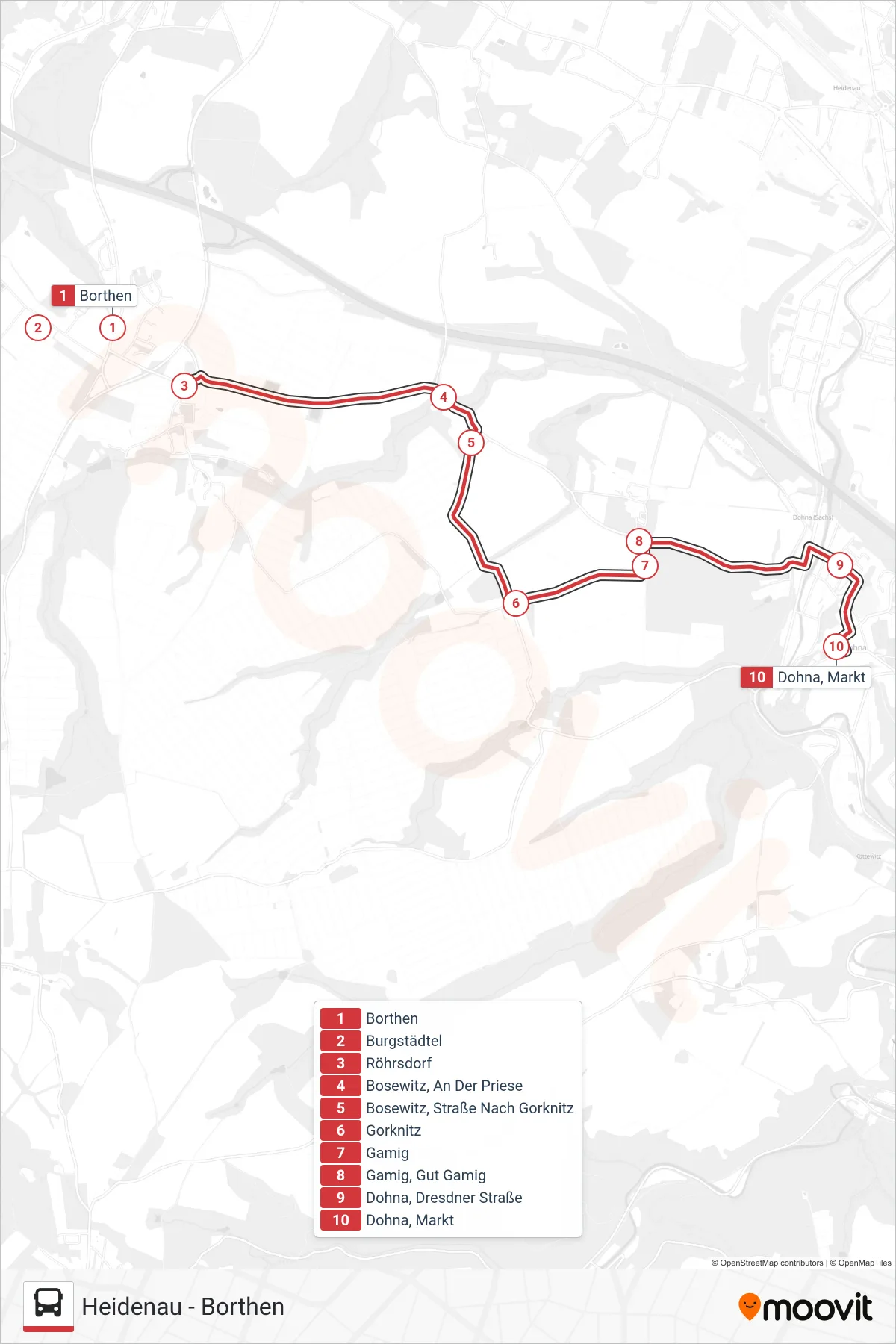 B bus Line (Dohna, Markt) route and stops on a map