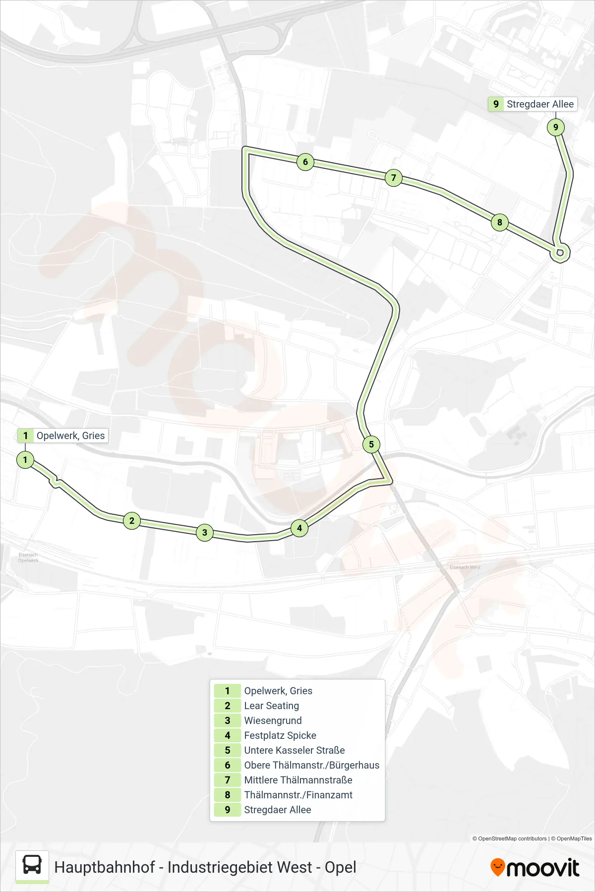 9 bus Line (Stregdaer Allee) route and stops on a map
