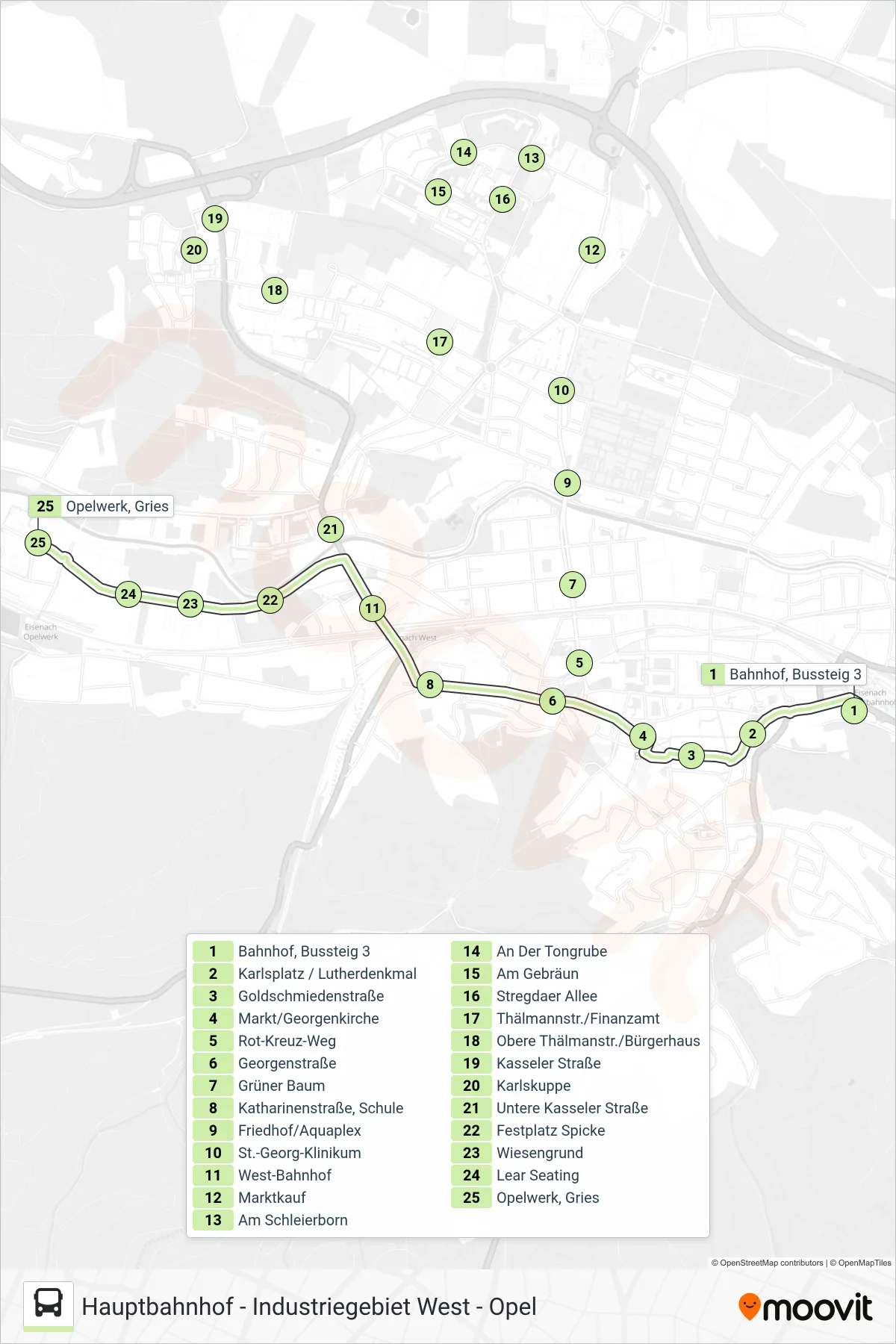 9 bus Line (Opelwerk) route and stops on a map