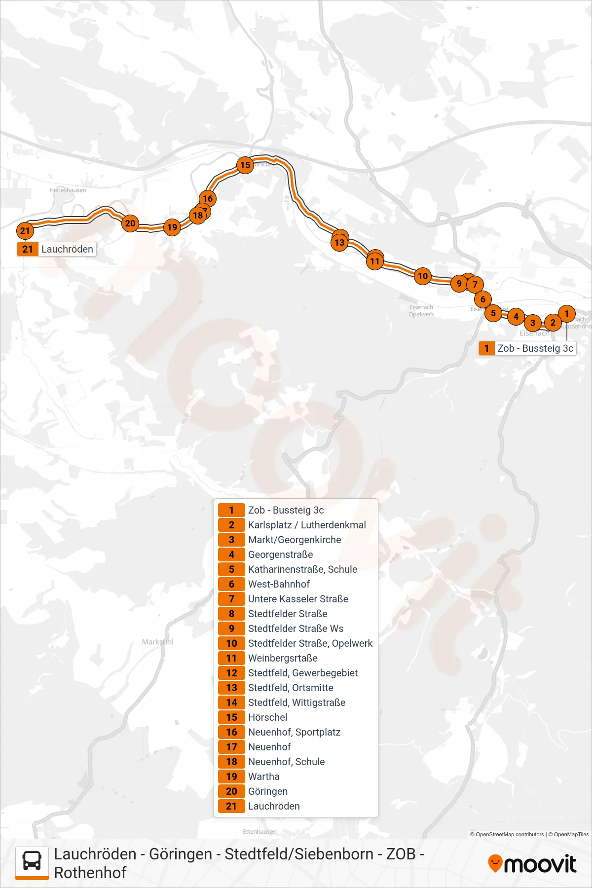 2 bus Line (Lauchröden) route and stops on a map