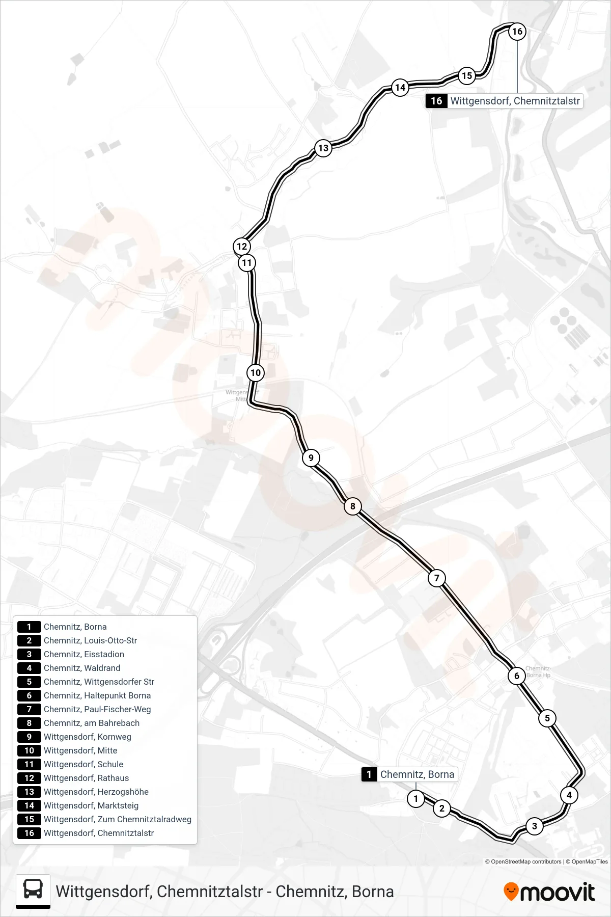 46 bus Line (Wittgensdorf, Chemnitztalstr) route and stops on a map