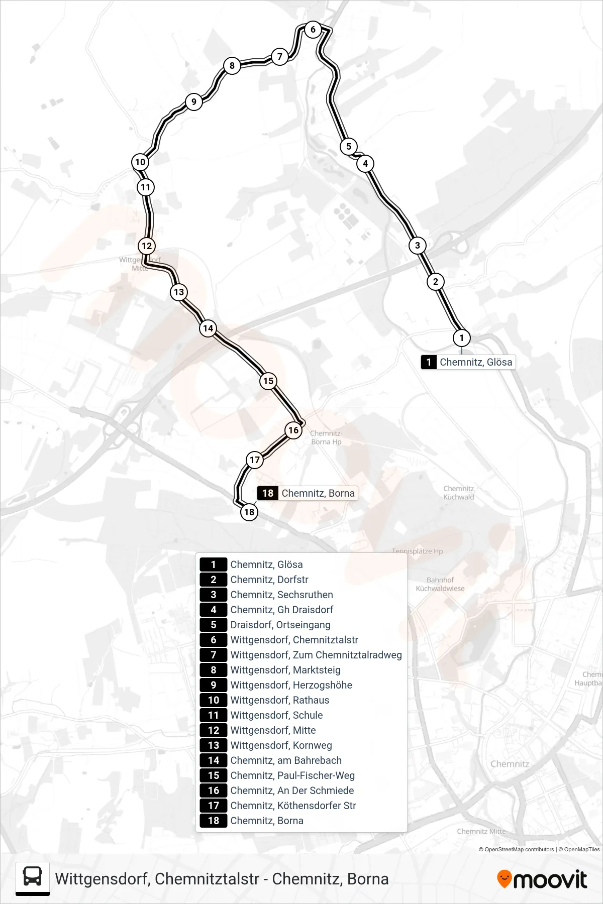 46 bus Line (Chemnitz, Borna) route and stops on a map