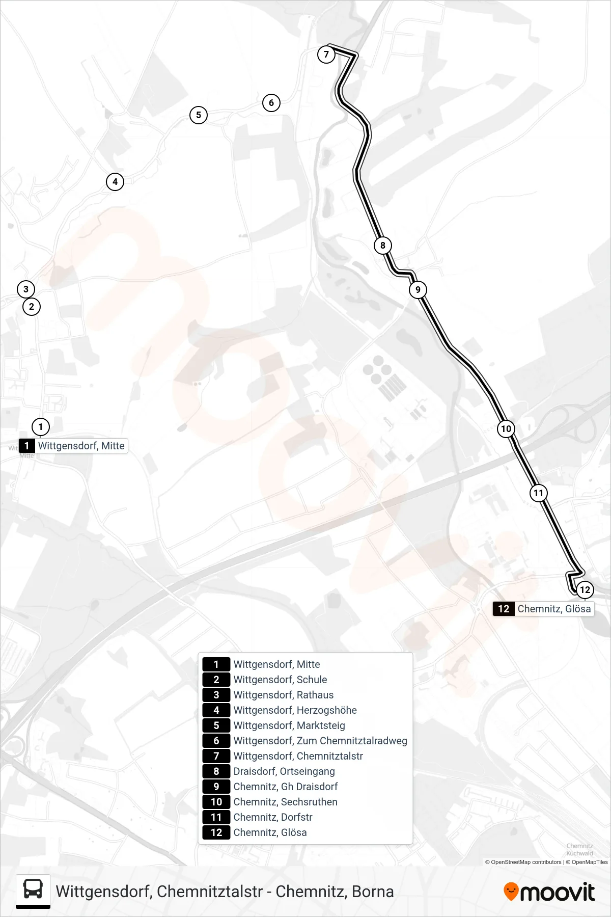 46 bus Line (Chemnitz, Glösa) route and stops on a map