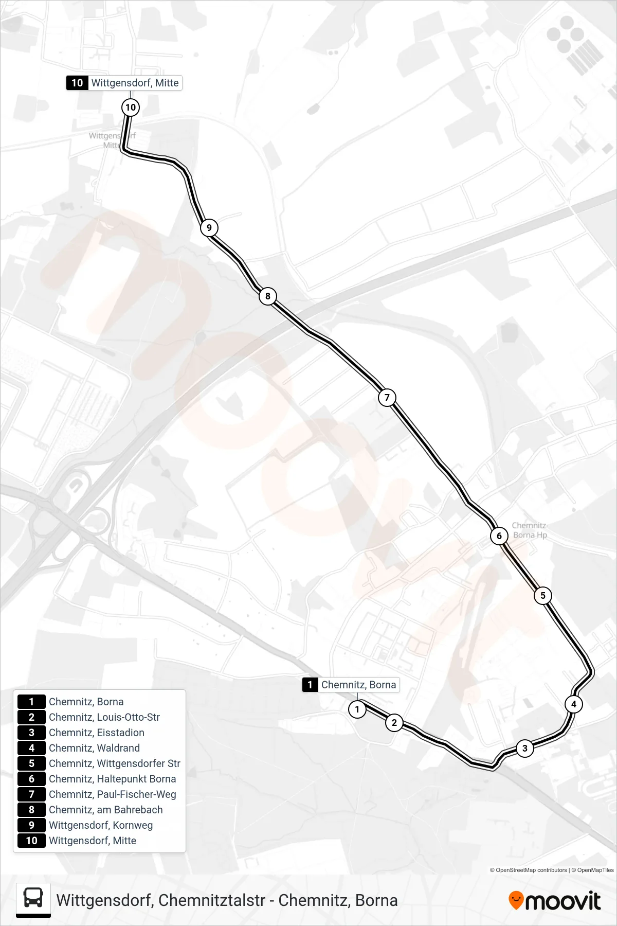 46 bus Line (Wittgensdorf, Mitte) route and stops on a map