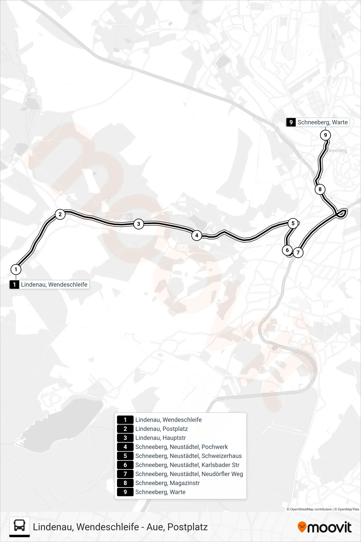 357 bus Line (Schneeberg, Warte) route and stops on a map