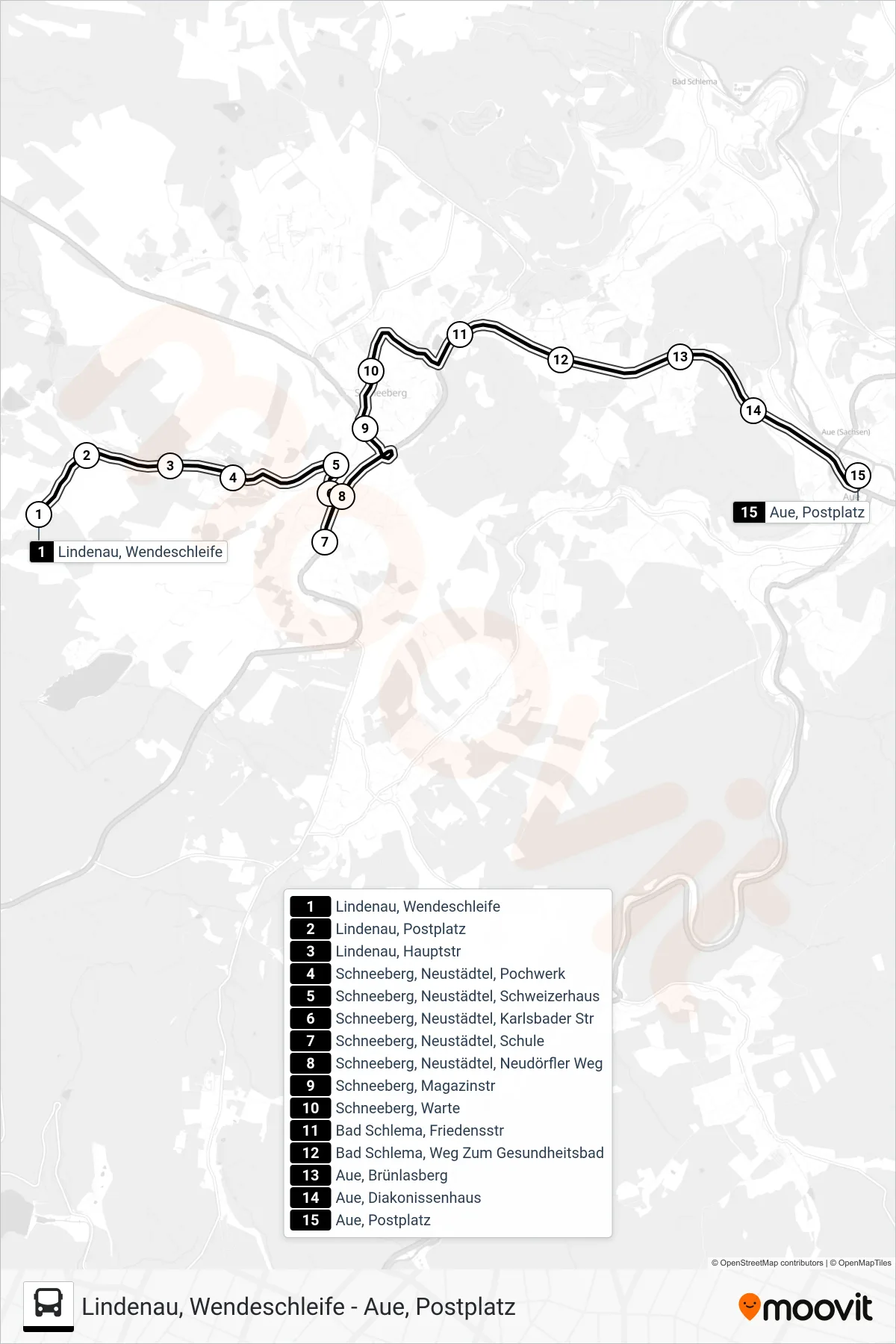 357 bus Line (Aue, Postplatz) route and stops on a map