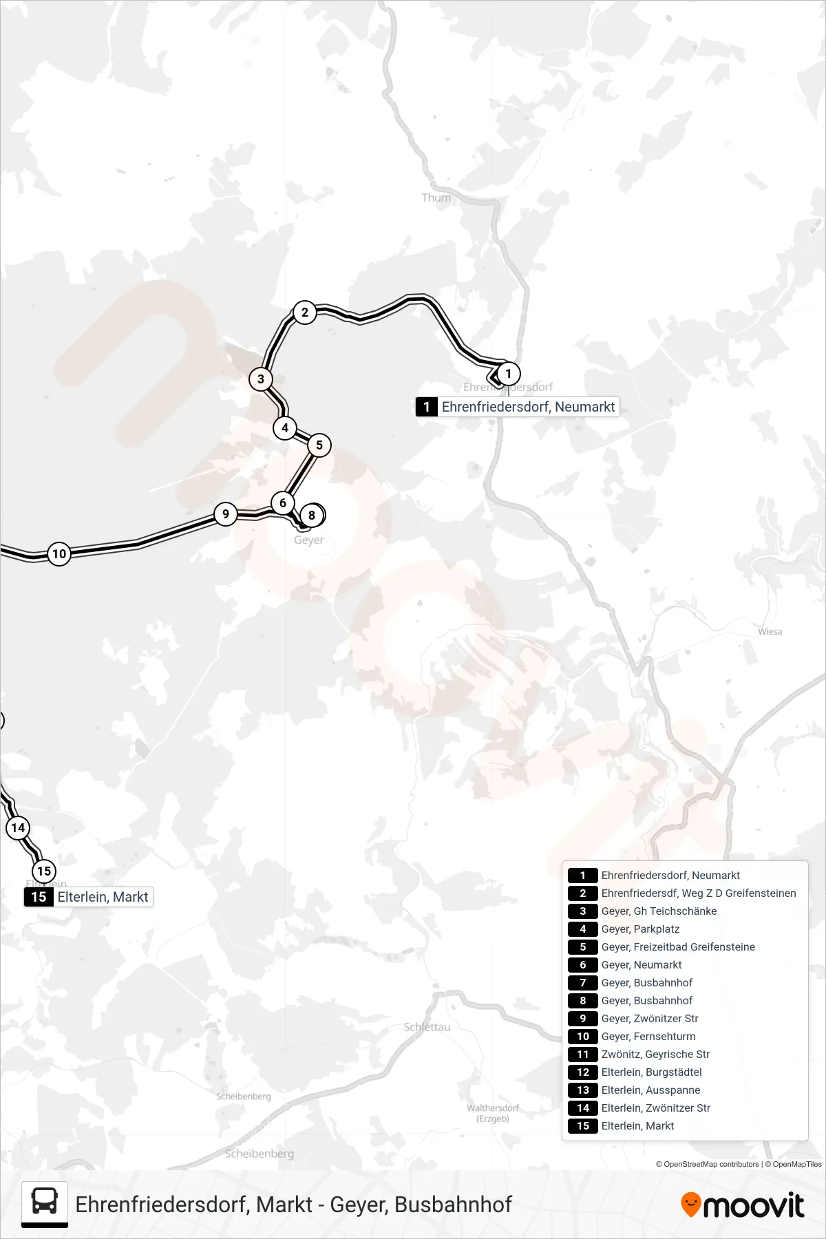 Linie 441 (Bus) Richtung Elterlein, Markt: Route und Haltestellen auf der Karte