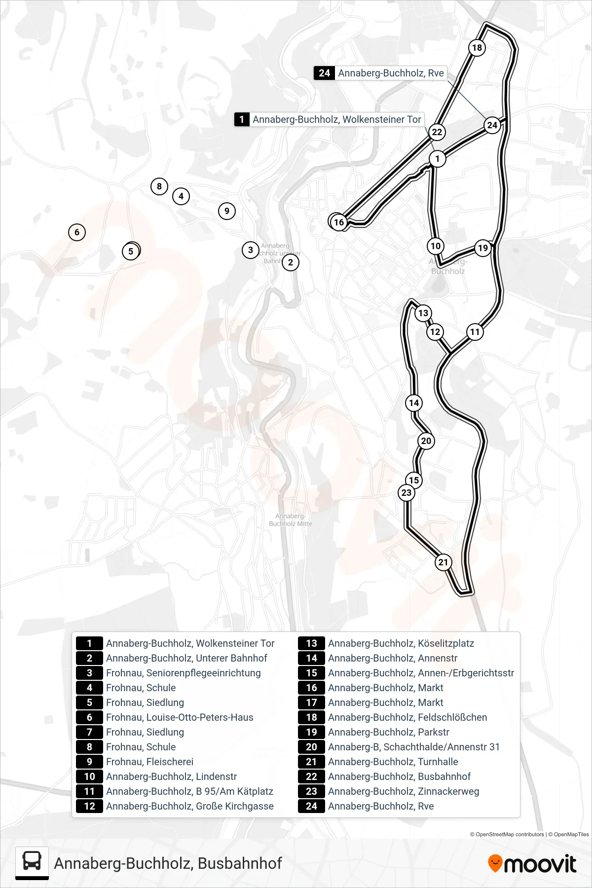 B bus Line (Annaberg-Buchholz, Busbahnhof) route and stops on a map