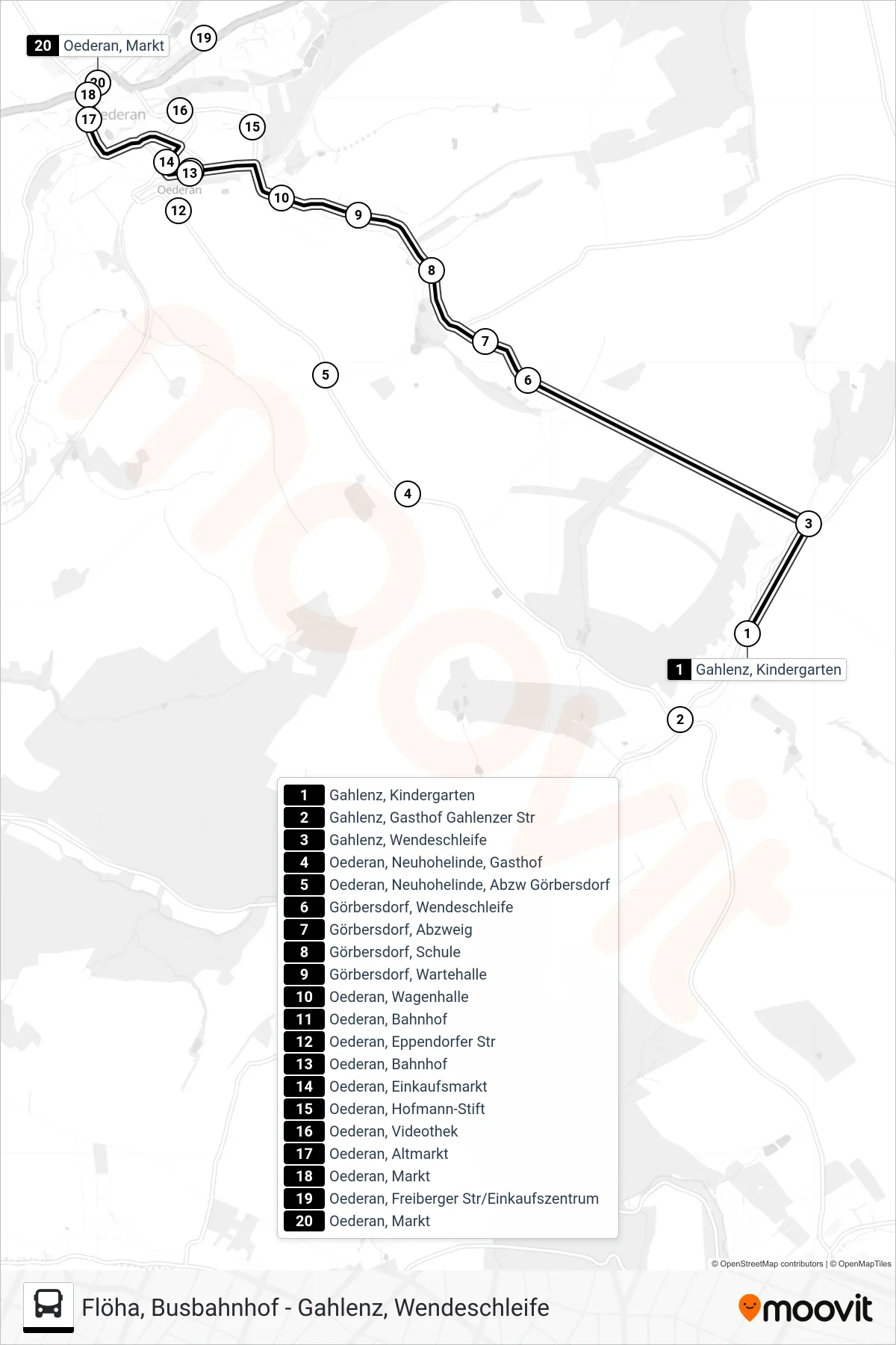 710 bus Line (Oederan, Markt) route and stops on a map
