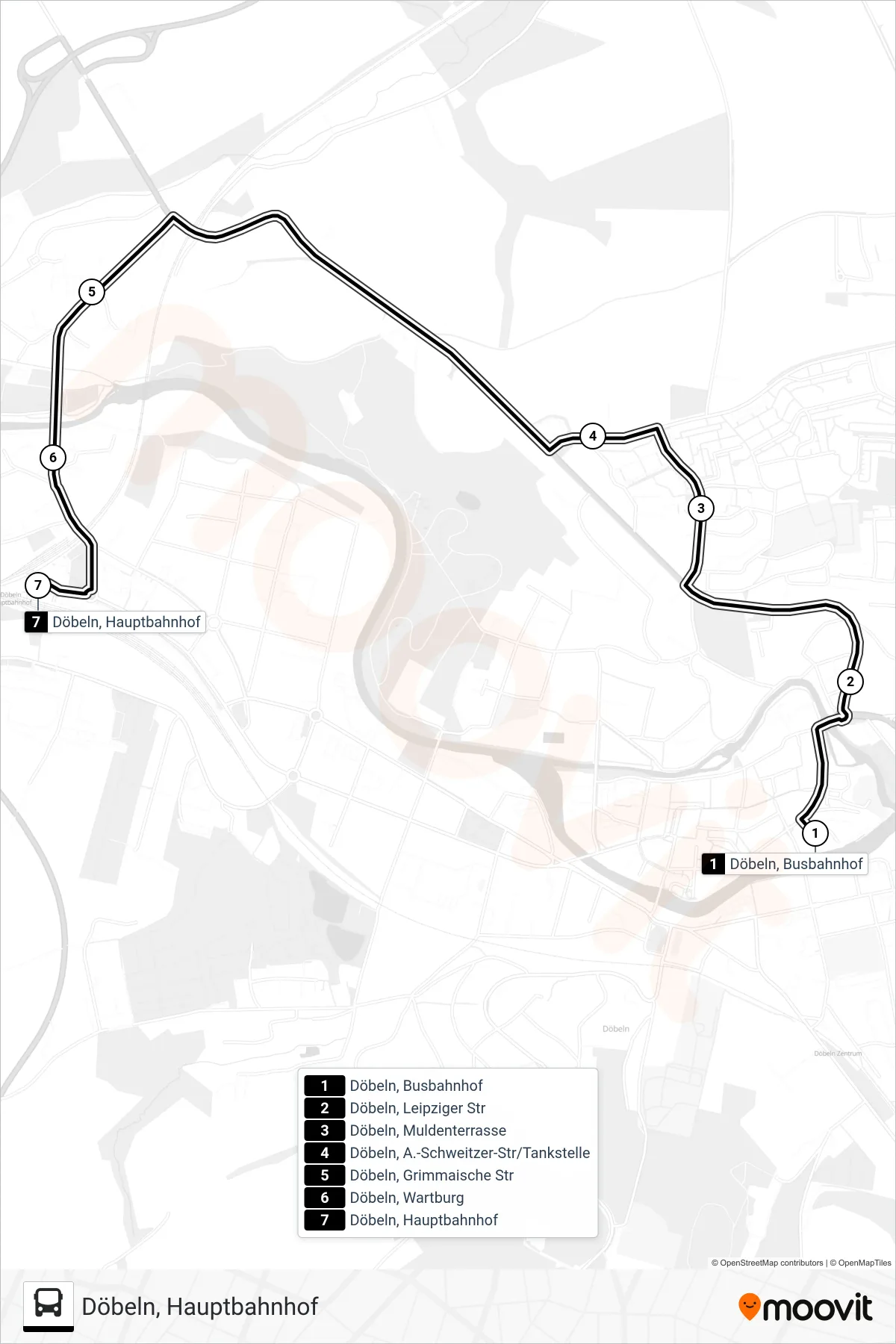 Linie B (Bus) Richtung Döbeln, Hauptbahnhof: Route und Haltestellen auf der Karte
