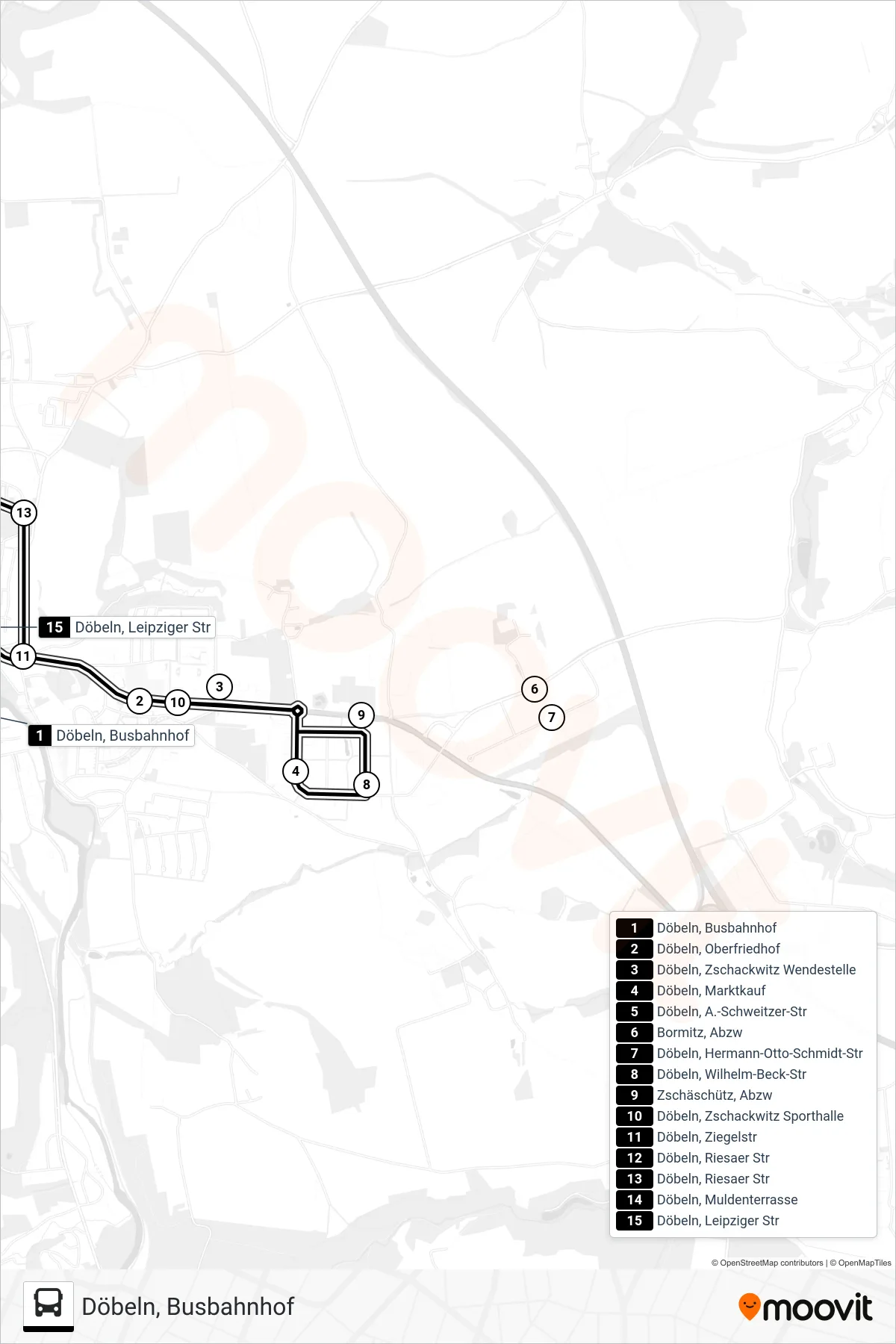 B bus Line (Döbeln, Busbahnhof) route and stops on a map
