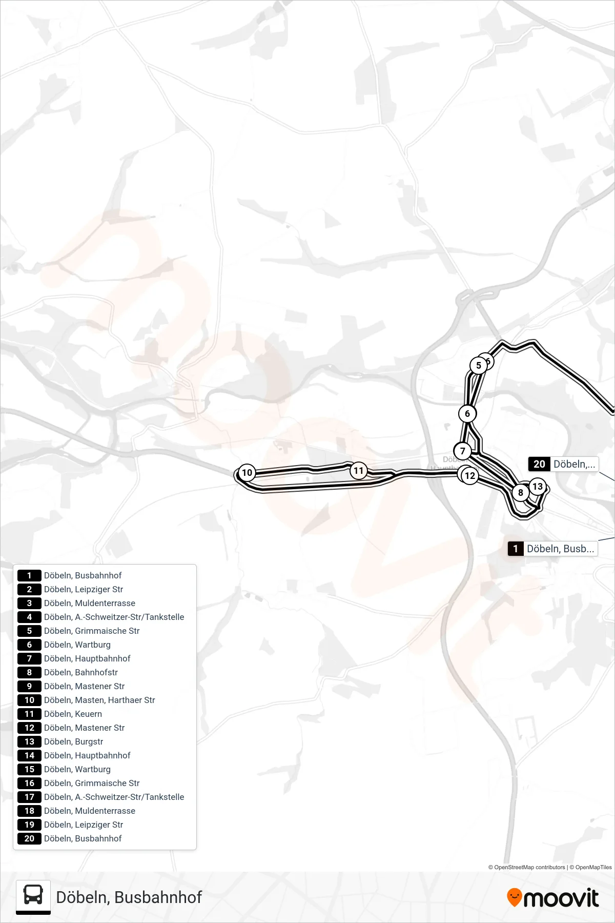 B bus Line (Döbeln, Busbahnhof) route and stops on a map