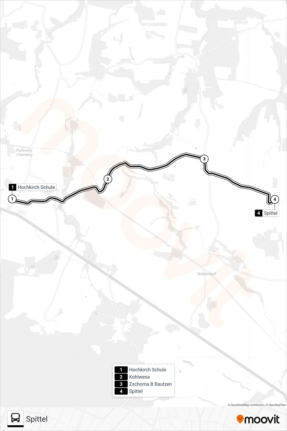 705 bus Line (Spittel) route and stops on a map