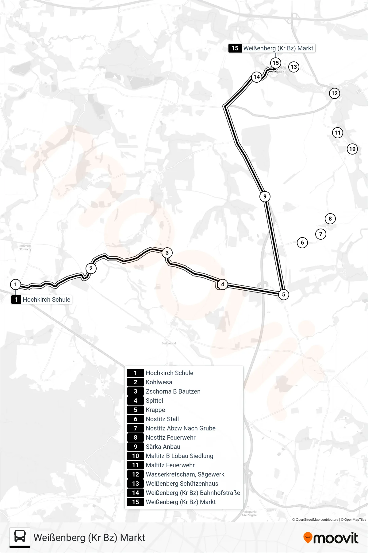 Linie 705 (Bus) Richtung Weißenberg (Kr Bz) Markt: Route und Haltestellen auf der Karte