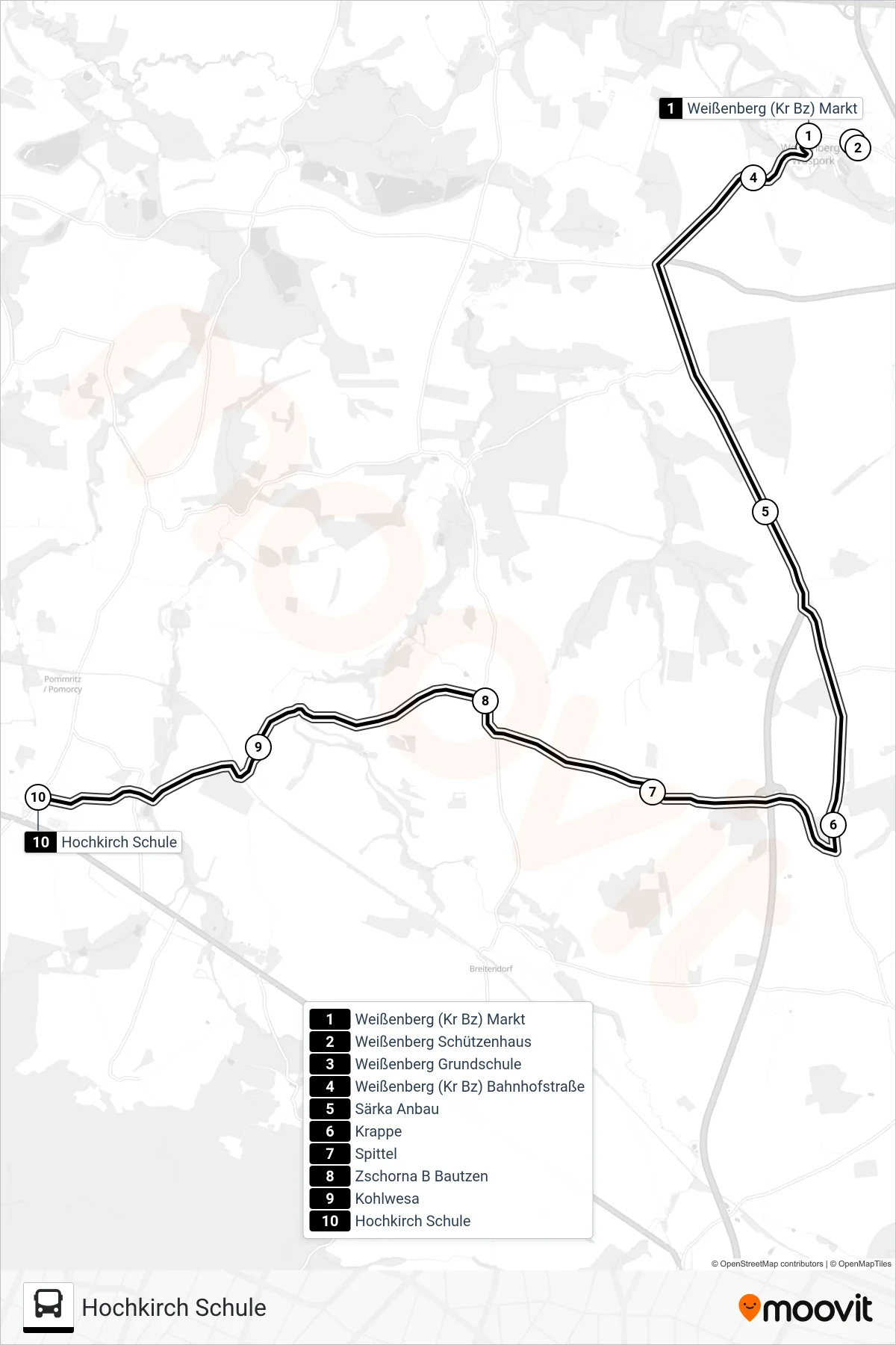 705 bus Line (Hochkirch Schule) route and stops on a map