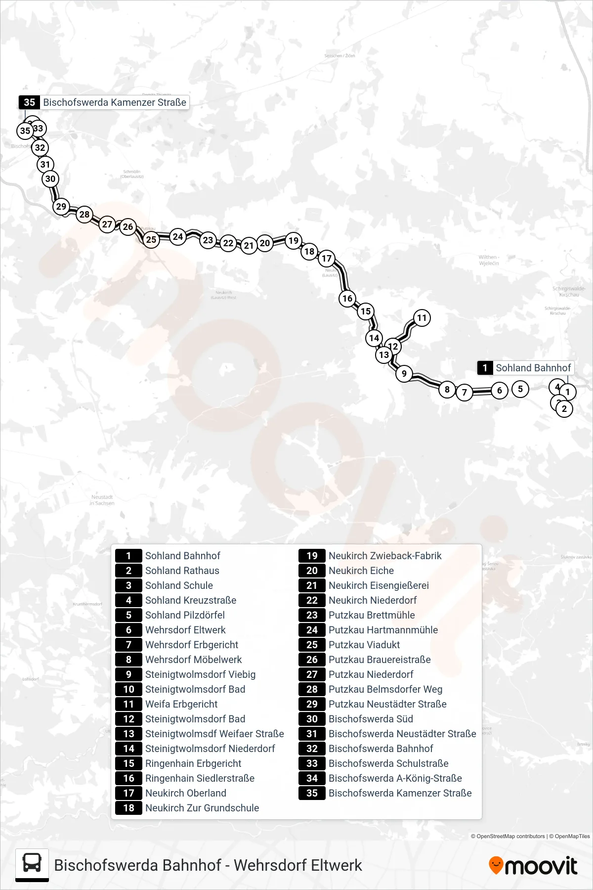 736 bus Line (Bischofswerda Kamenzer Straße) route and stops on a map