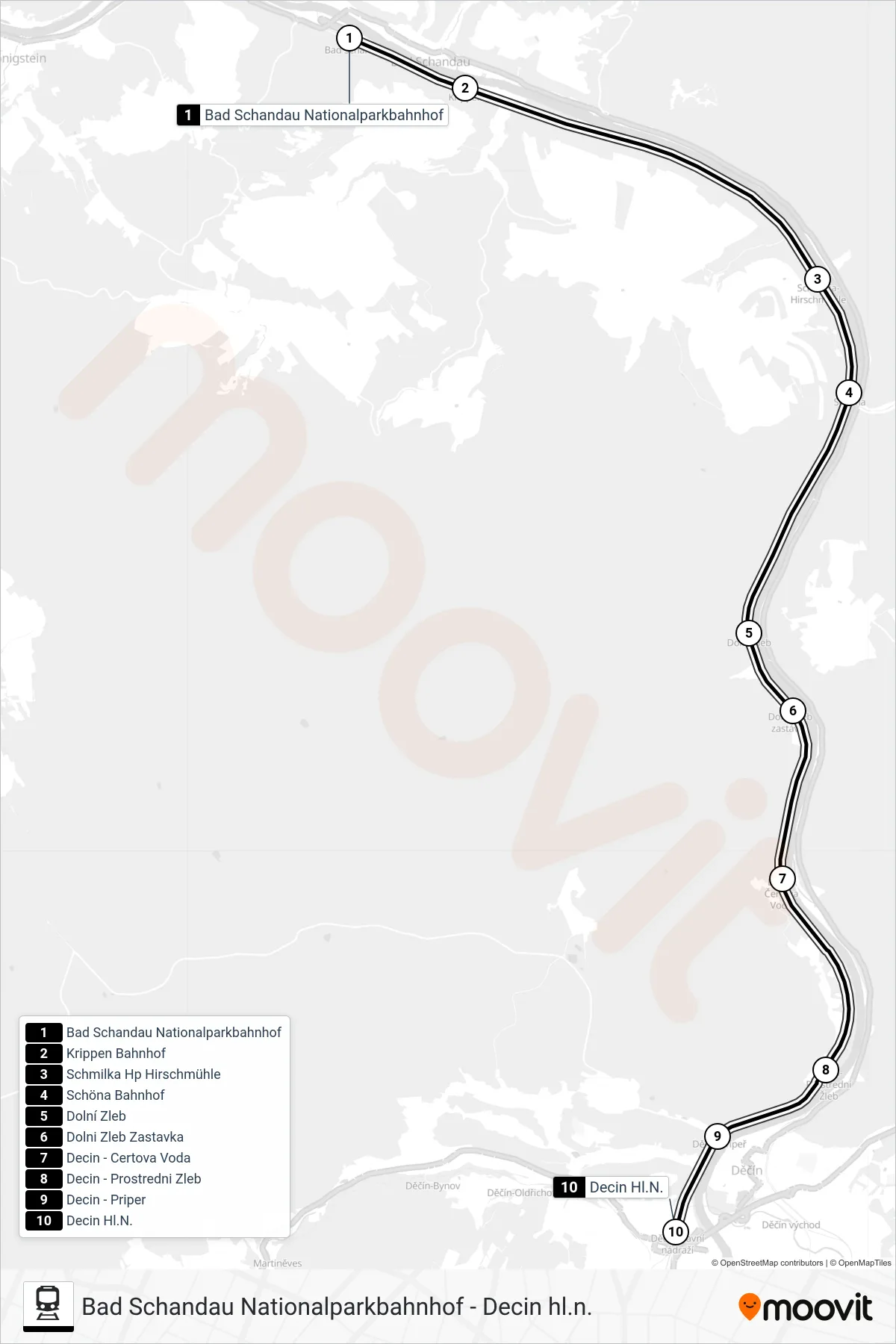 Linie CD 083 (Bahn) Richtung Decin Hl.N.: Route und Haltestellen auf der Karte