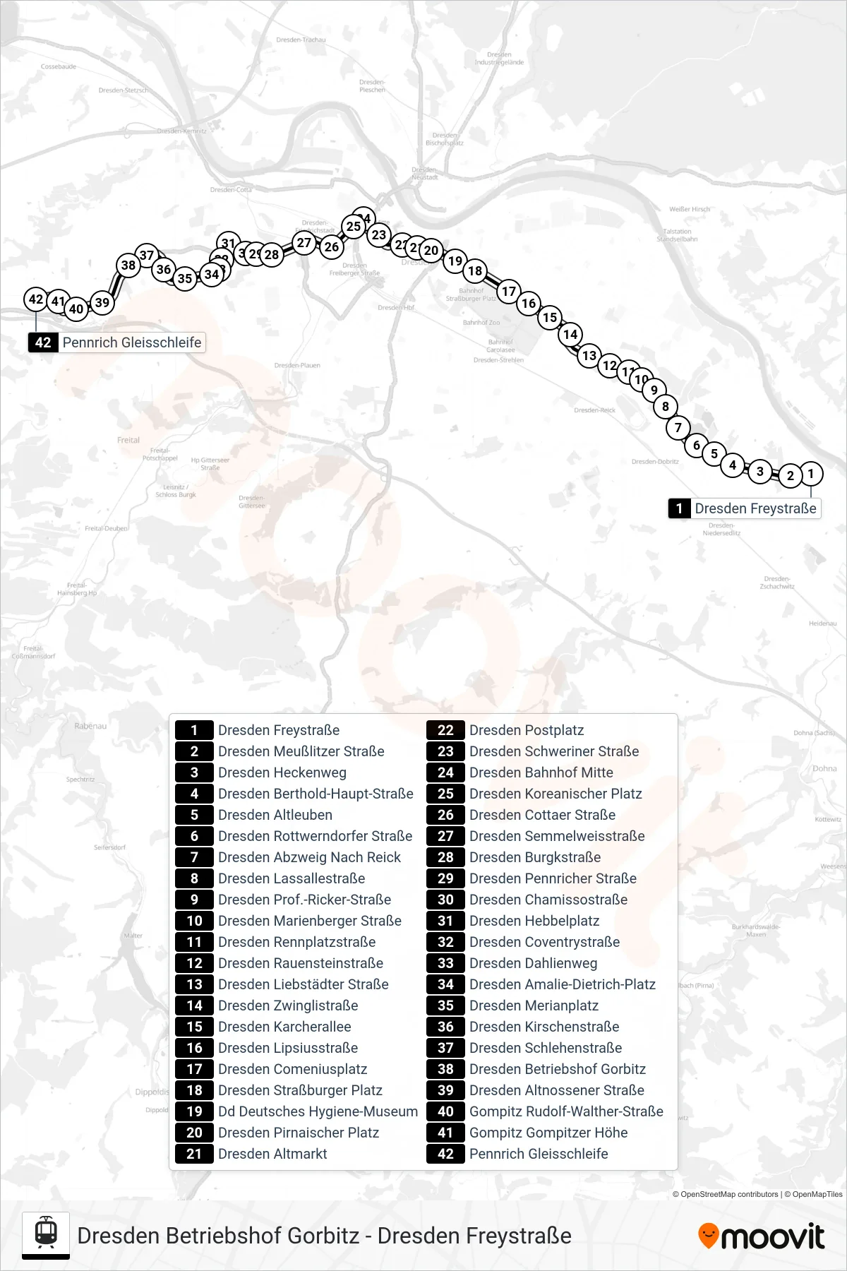 Linie 2 (Straßenbahn) Richtung Pennrich: Route und Haltestellen auf der Karte