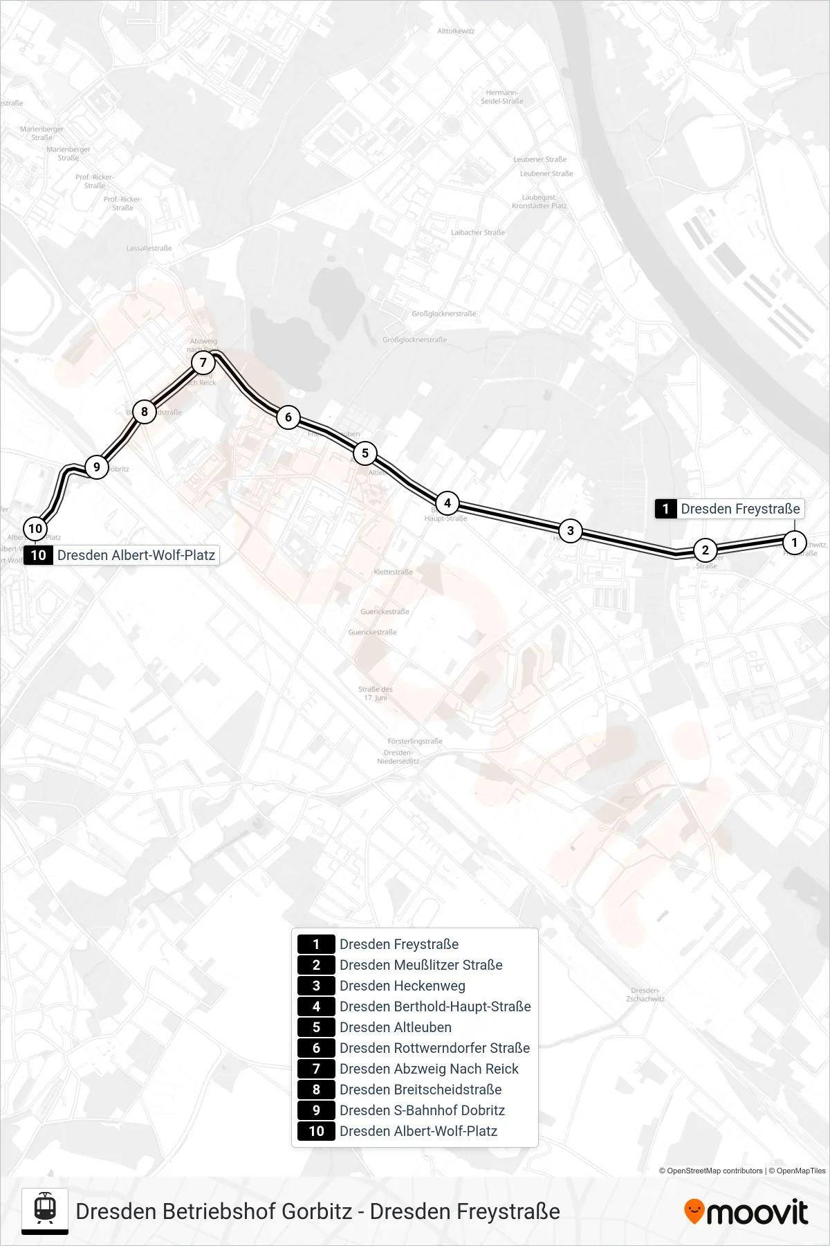 2 light rail Line (Reick) route and stops on a map