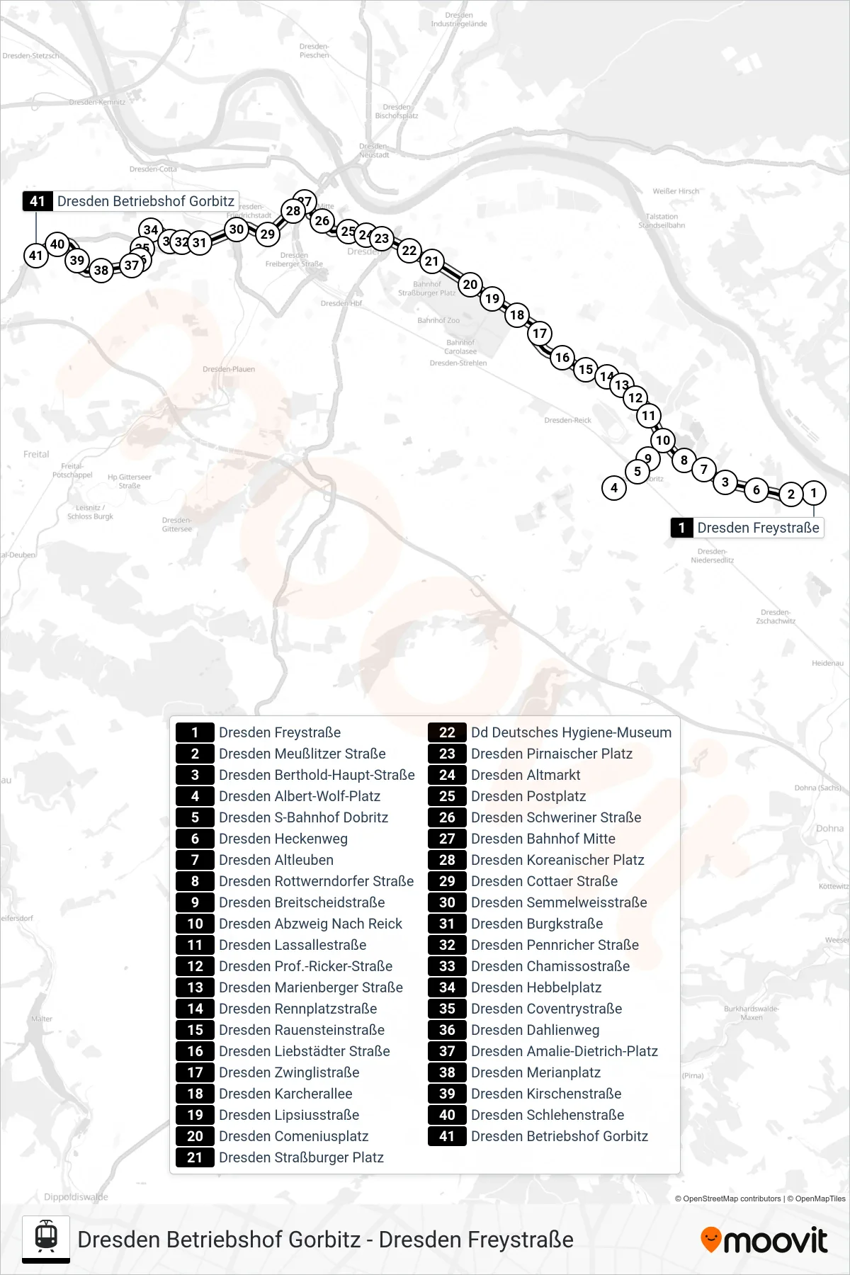 2 light rail Line (Dresden Betriebshof Gorbitz) route and stops on a map